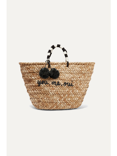 KAYU ST TROPEZ POMPOM-EMBELLISHED WOVEN STRAW TOTE