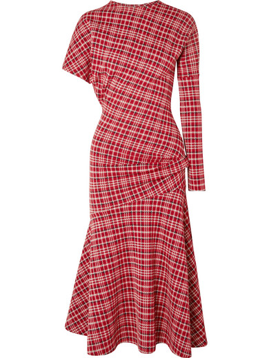 CALVIN KLEIN 205W39NYC ASYMMETRIC PRINCE OF WALES CHECKED CADY MIDI DRESS