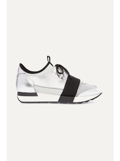 BALENCIAGA RACE RUNNER METALLIC LEATHER, MESH AND NEOPRENE SNEAKERS