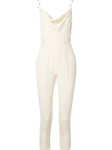 DANIELLE FRANKEL PEARL-EMBELLISHED CHANTILLY LACE-TRIMMED SILK CREPE DE CHINE JUMPSUIT