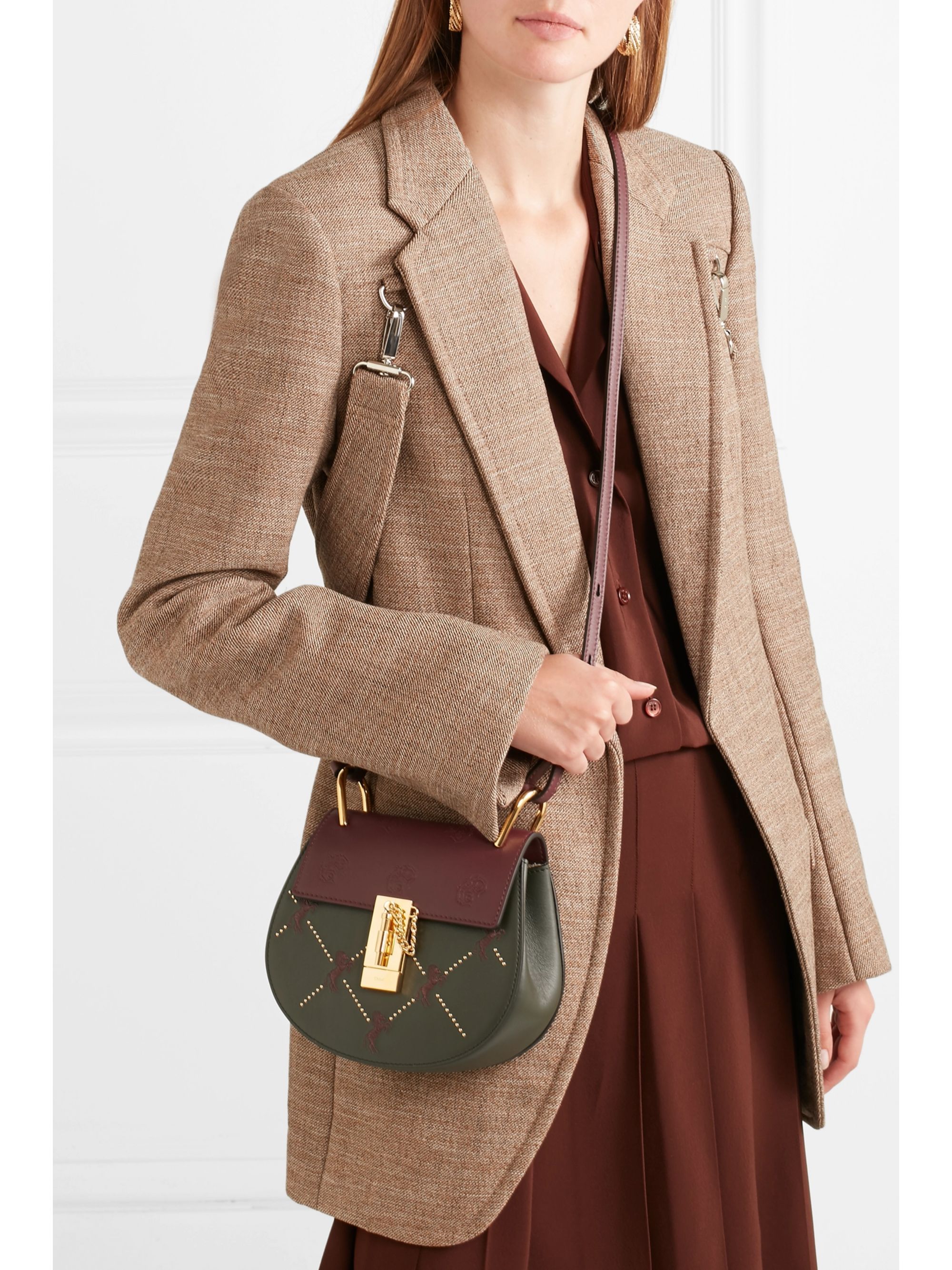 chloé studded embroidered leather shoulder bag