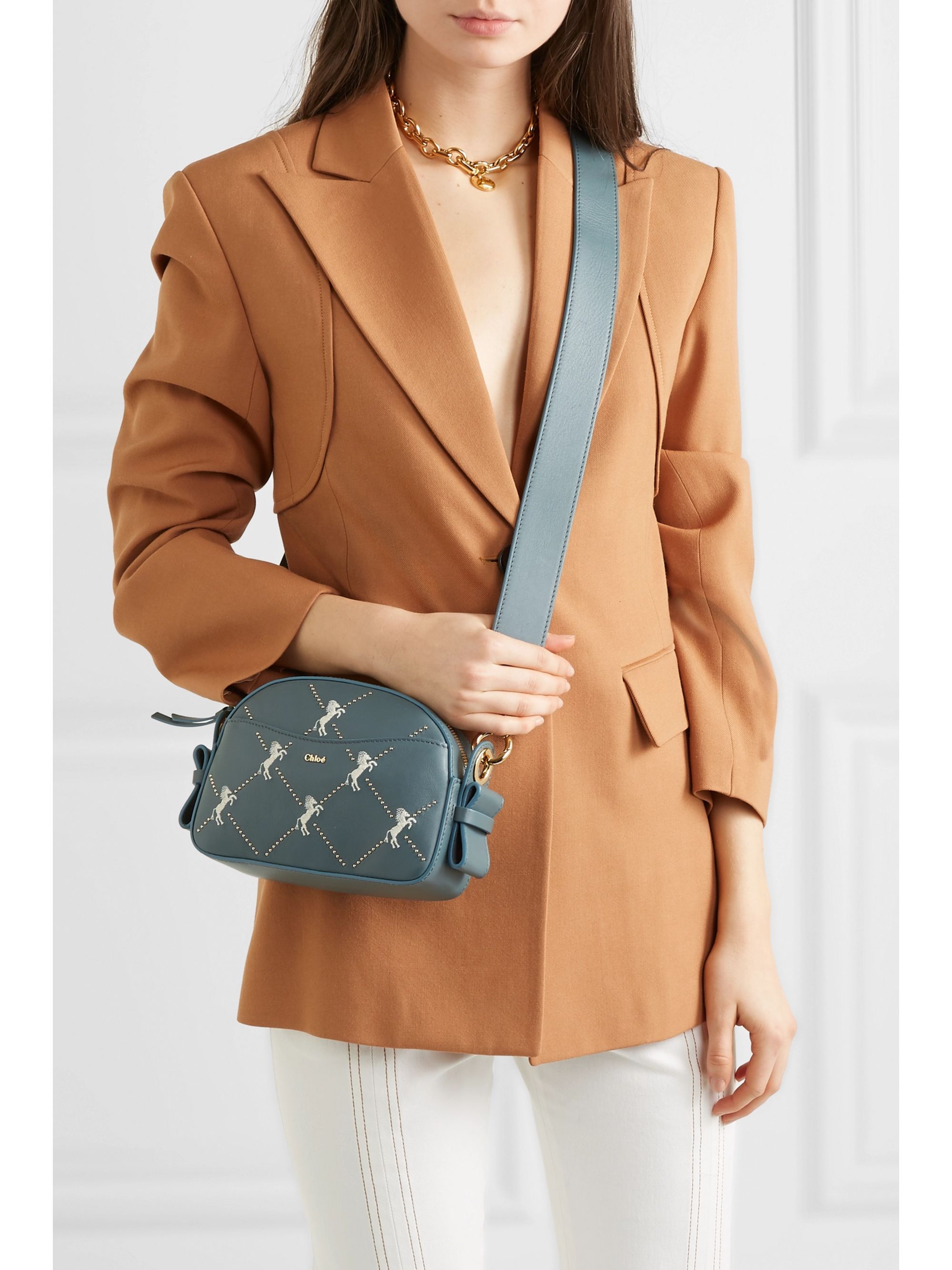 chloé studded embroidered leather shoulder bag