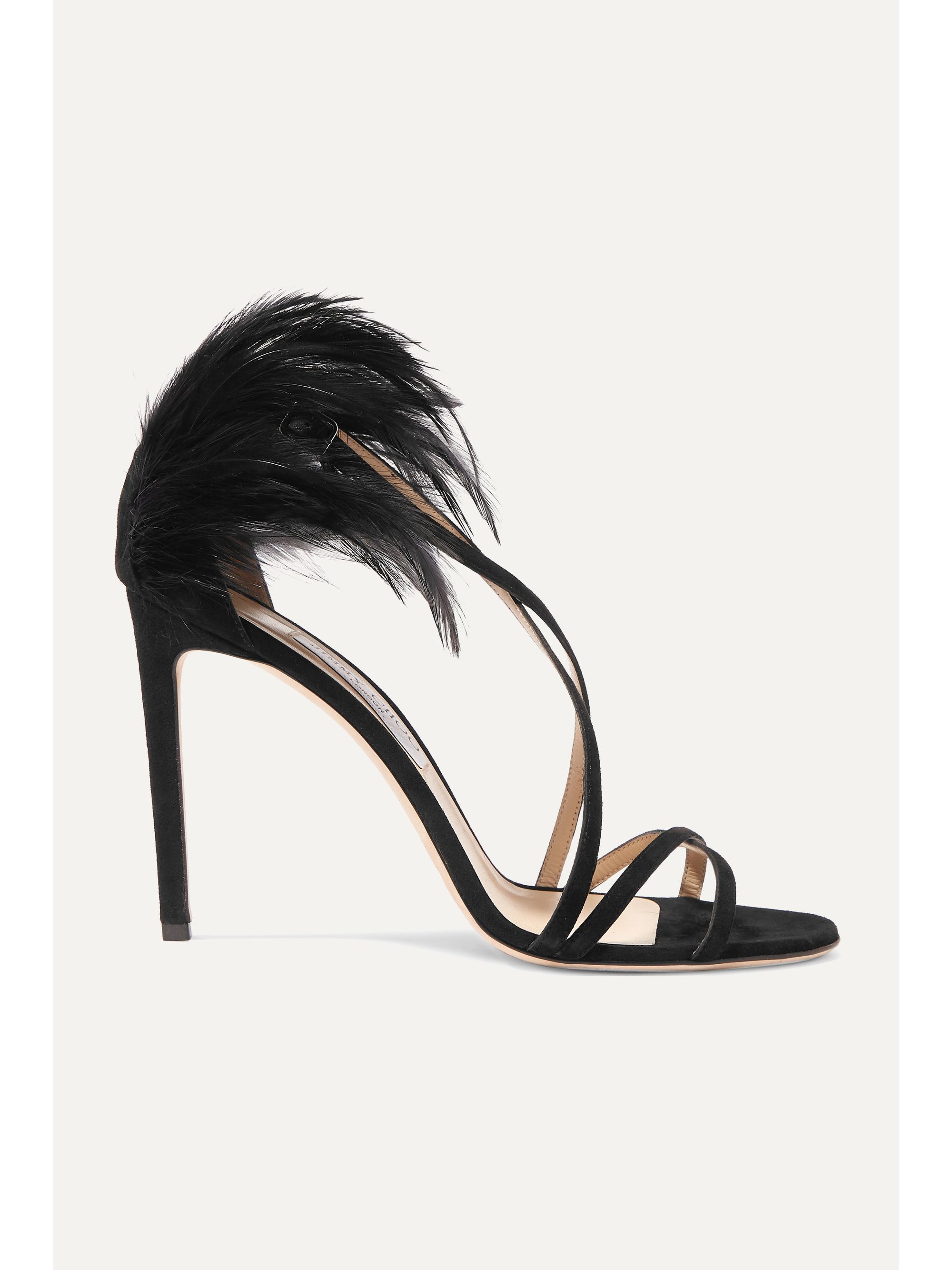 black high heels with feathers