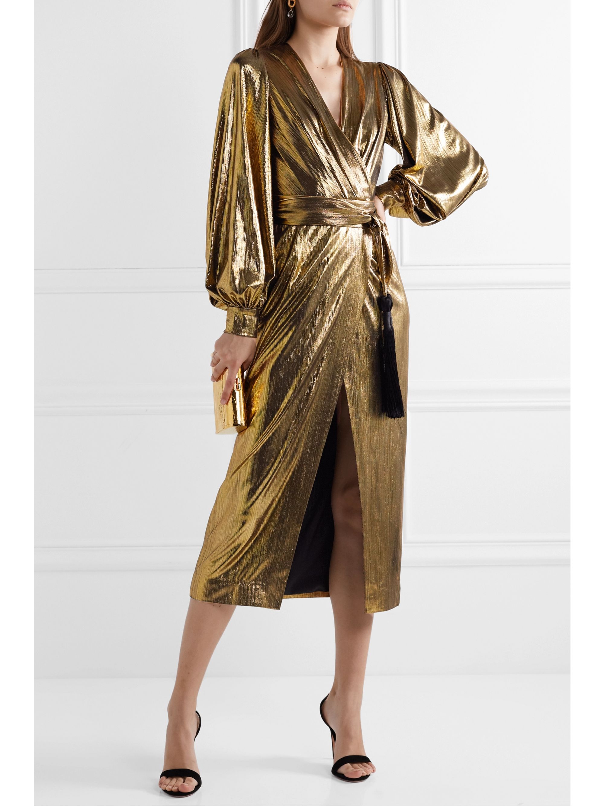 gold wrap midi dress