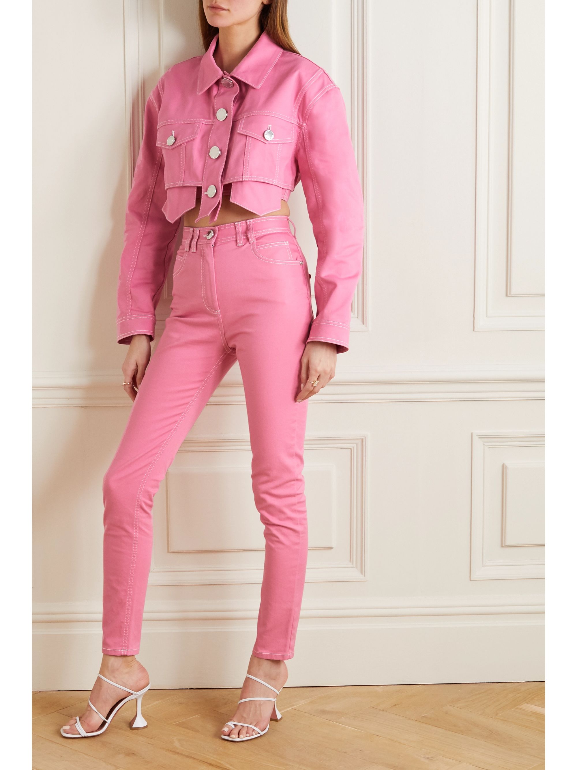 pink shirt with denim jacket