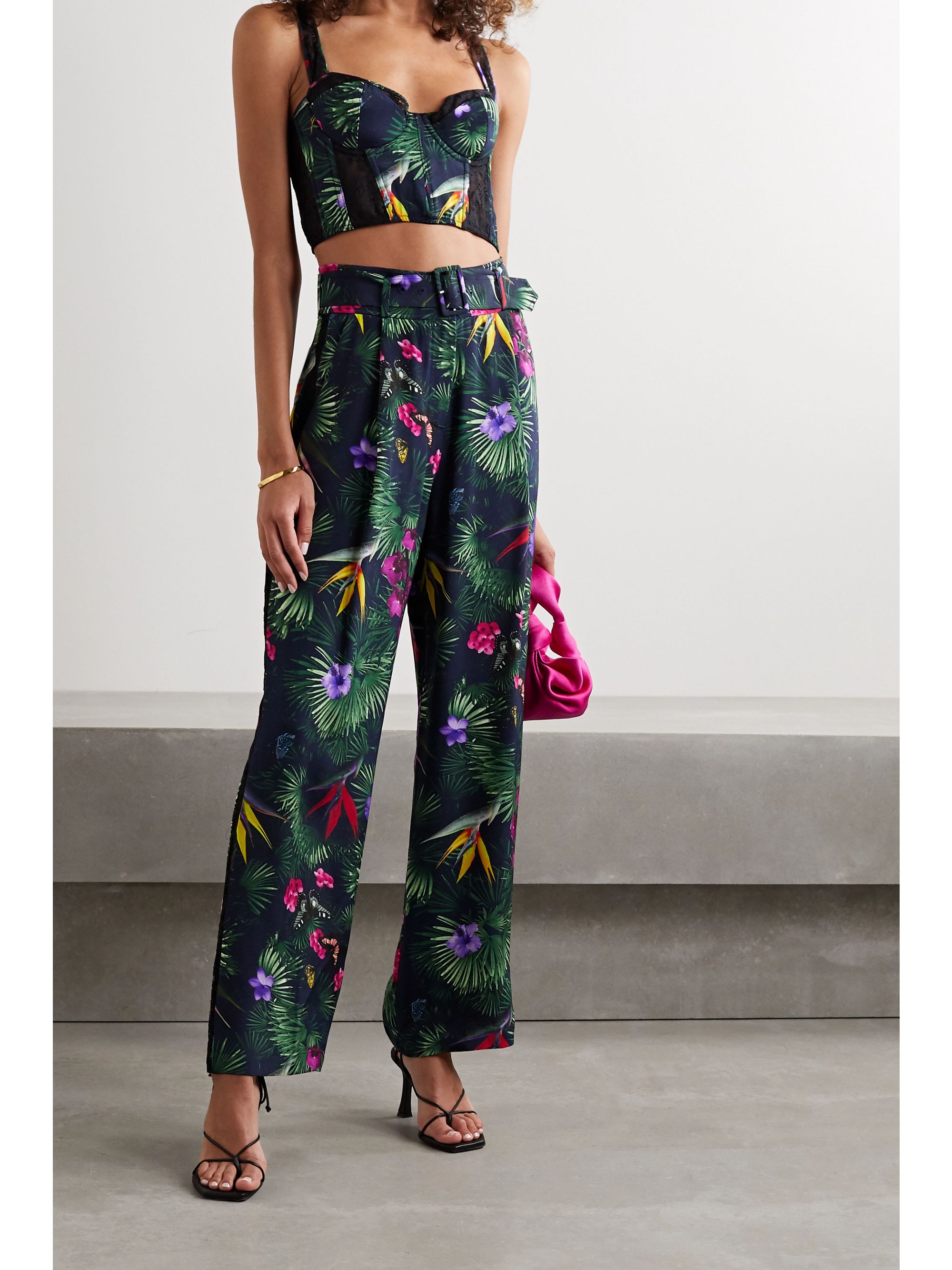 Pantalon Large Femme Fleuri - Taille 48/50 - Vert à Motifs Roses - Viscose élastique