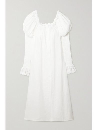 SLEEPER + NET SUSTAIN OPERA OFF-THE-SHOULDER LACE-TRIMMED LINEN MIDI DRESS