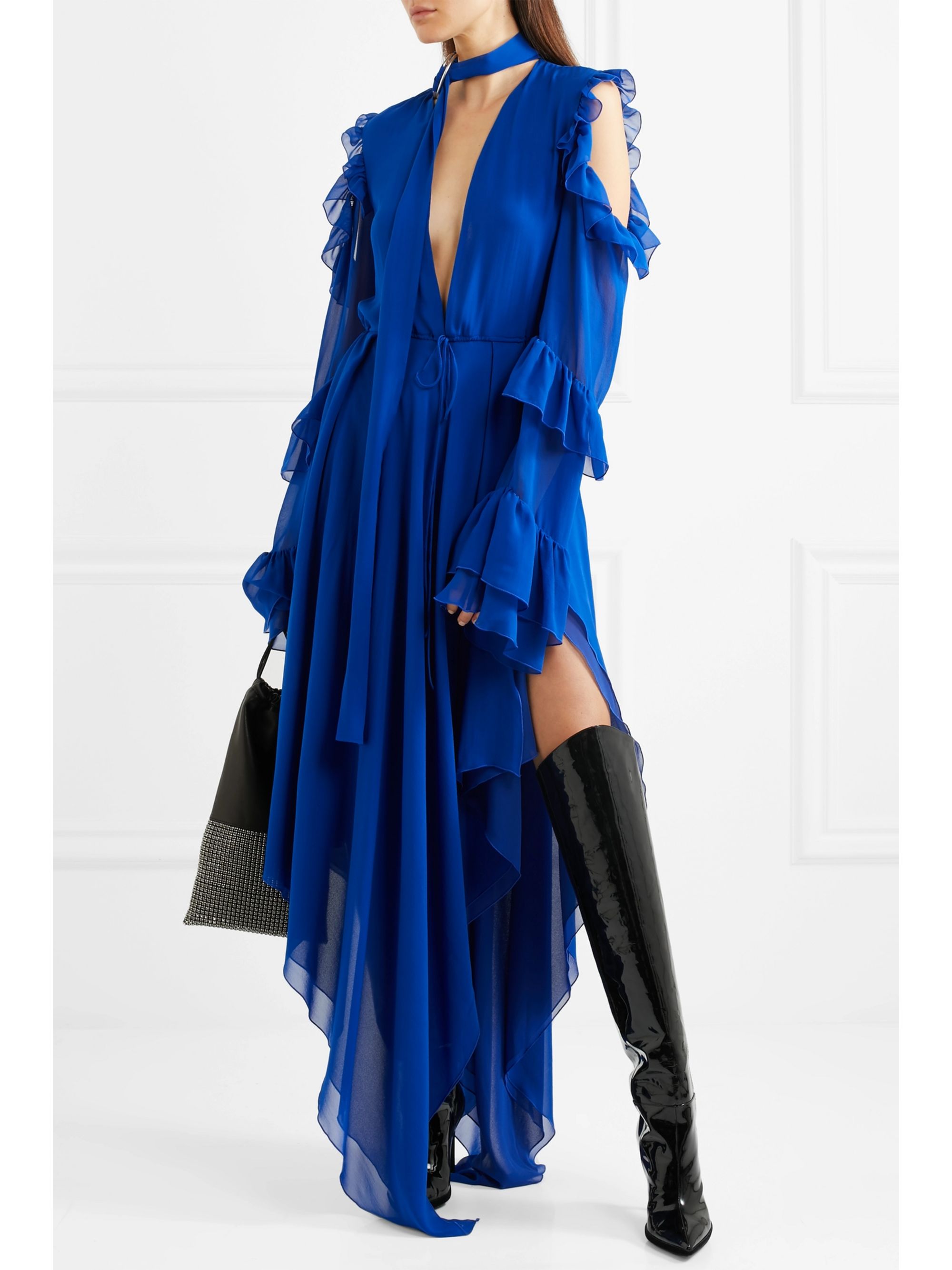 chiffon cold shoulder maxi dress
