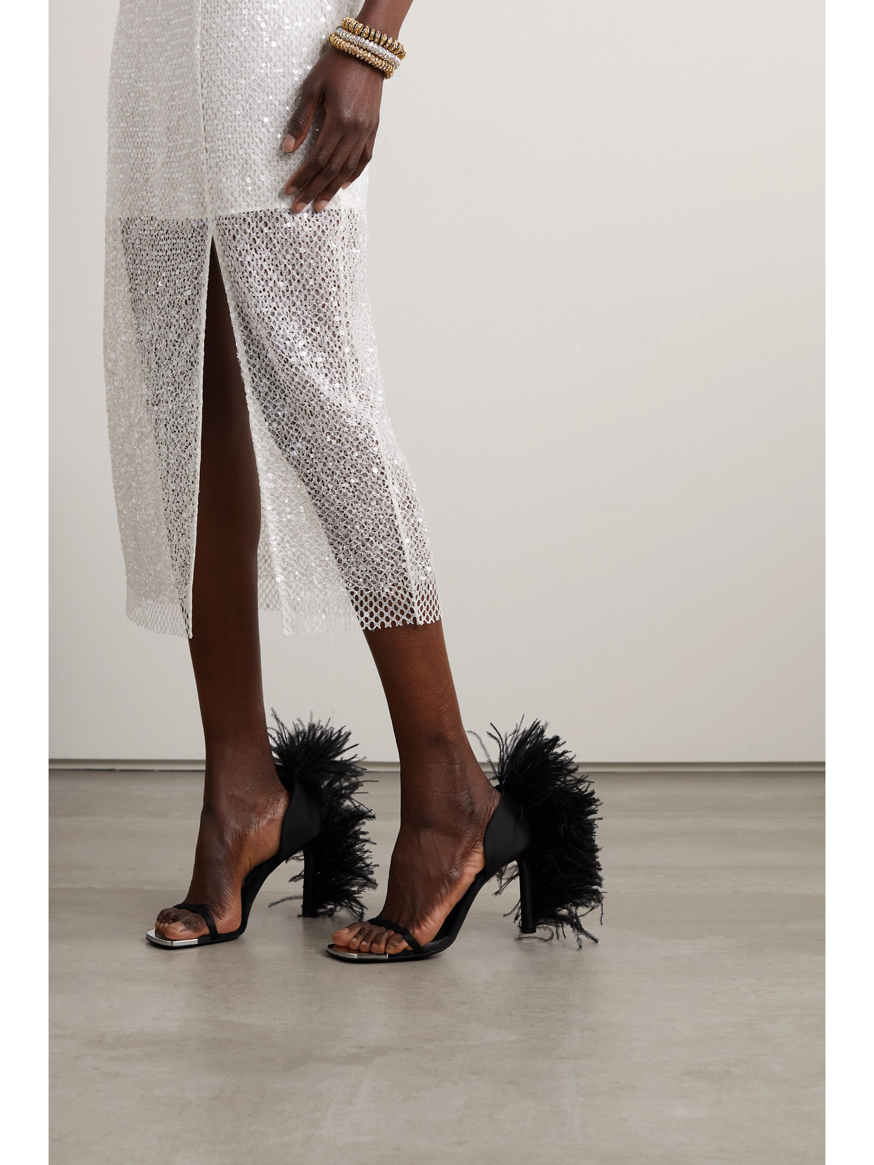 + Area Feather-Trimmed Sandals