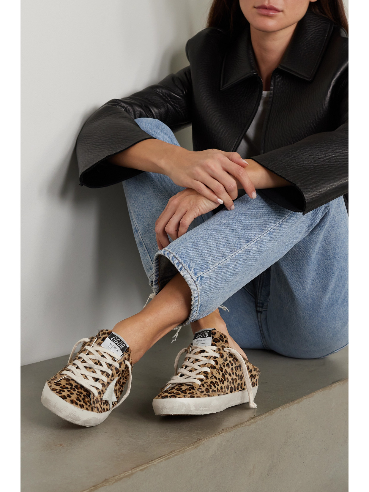 Super-Star Sabot Distressed Leopard-Print Sneakers