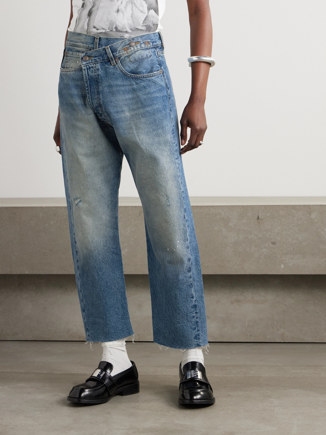 Crossover Asymmetric Distressed High-Rise Wide- Leg