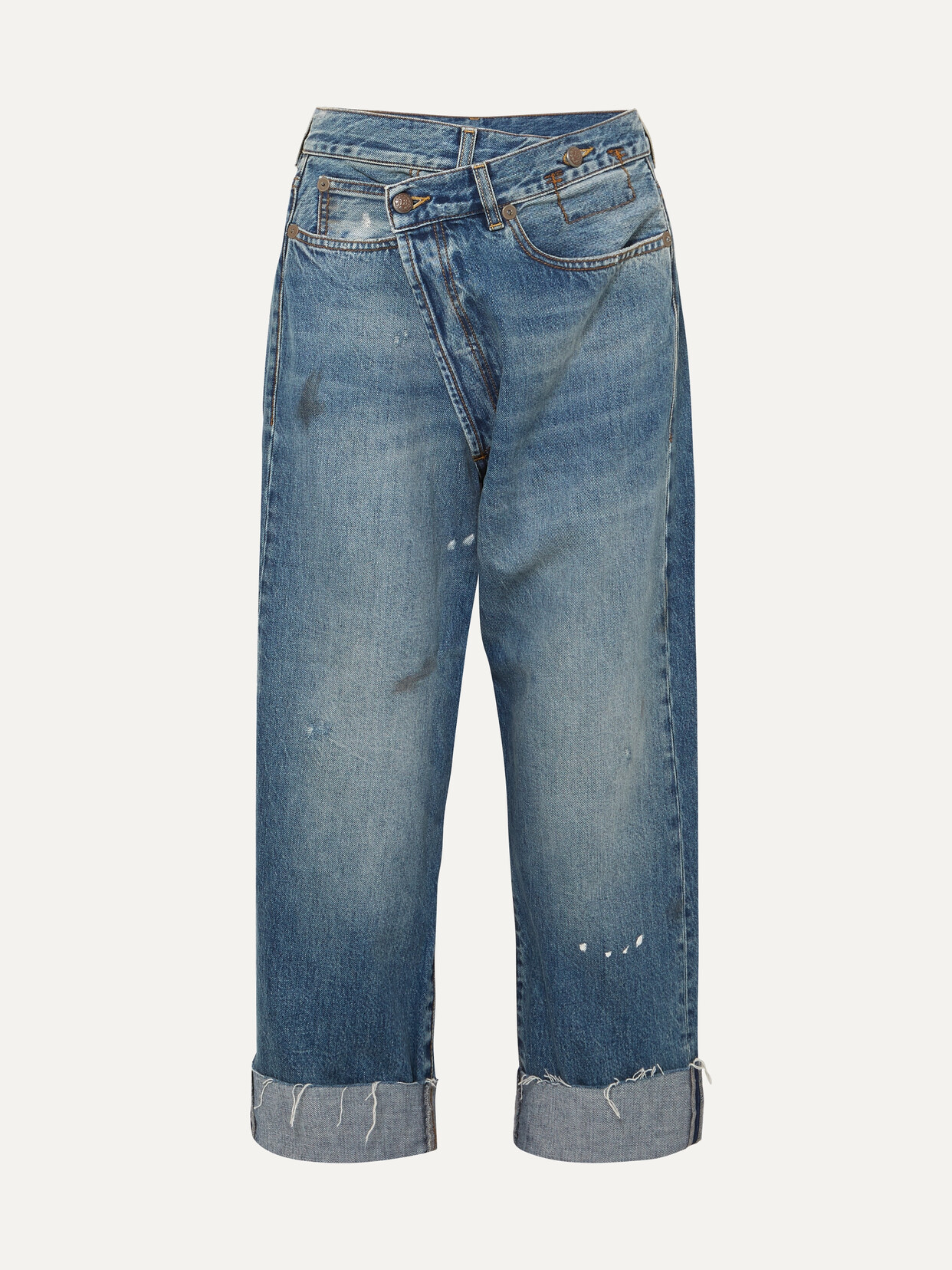 Crossover Asymmetric Distressed High-Rise Wide- Leg