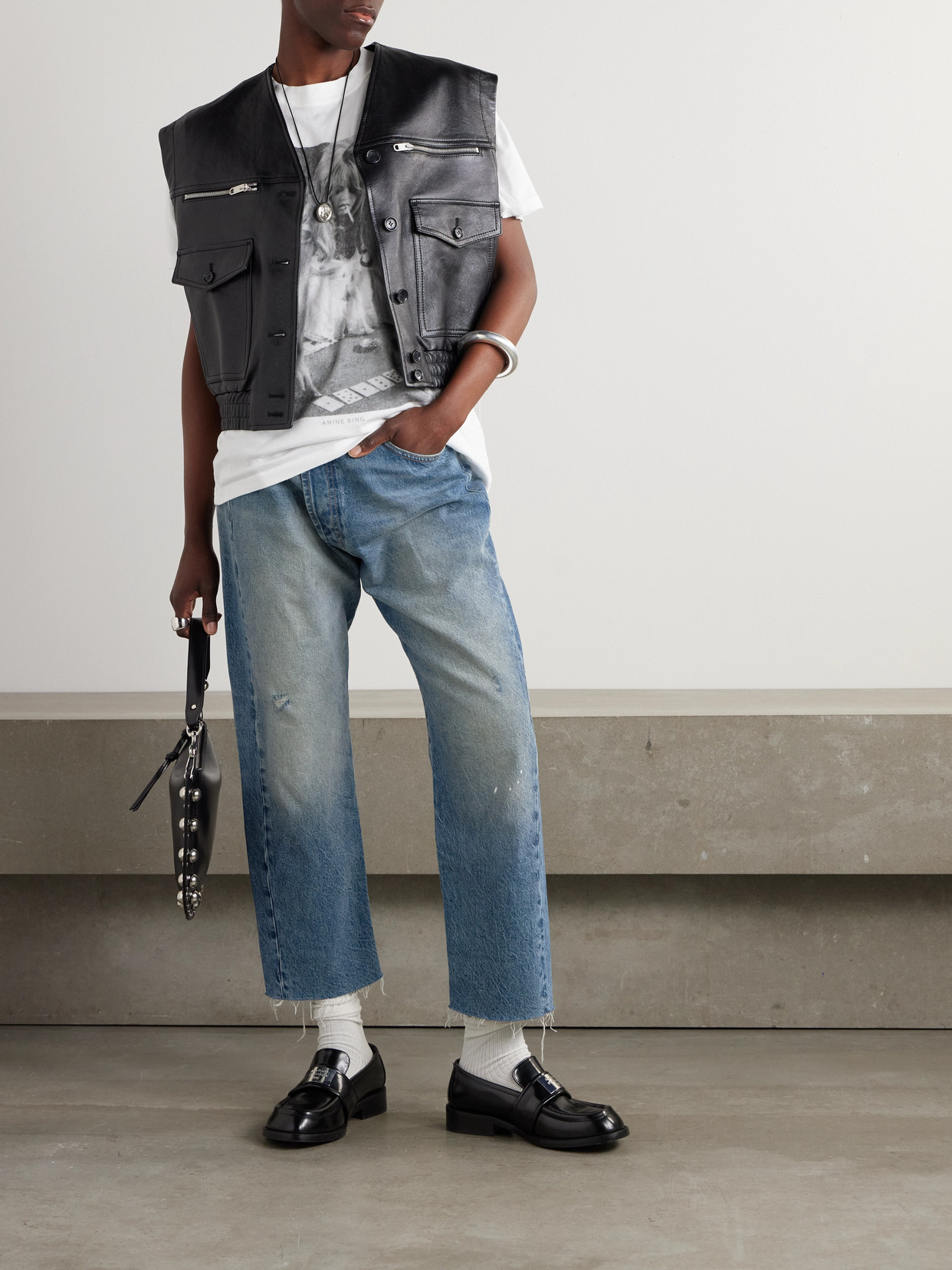 Crossover Asymmetric Distressed High-Rise Wide- Leg
