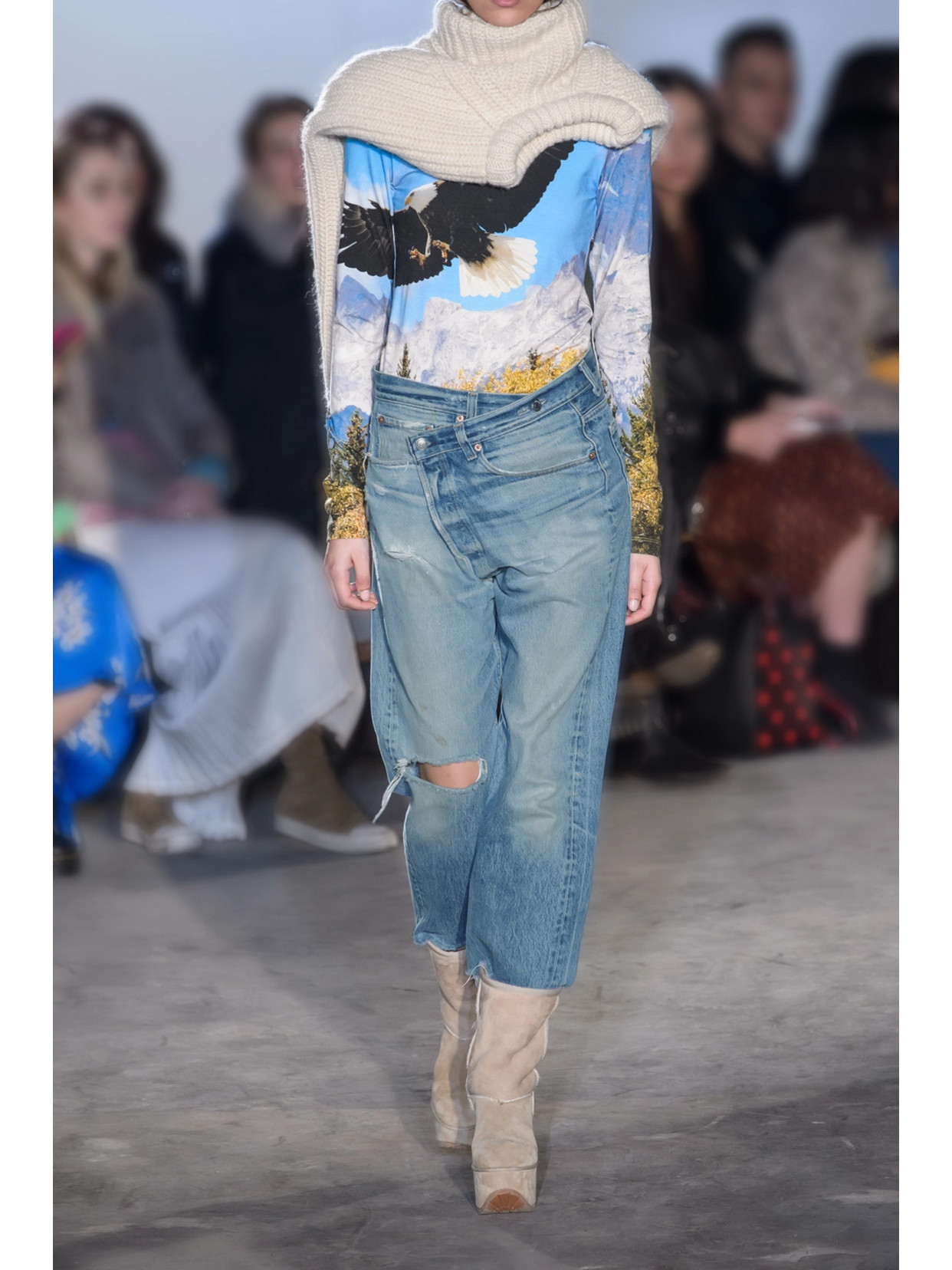 Crossover Asymmetric Distressed High-Rise Wide- Leg