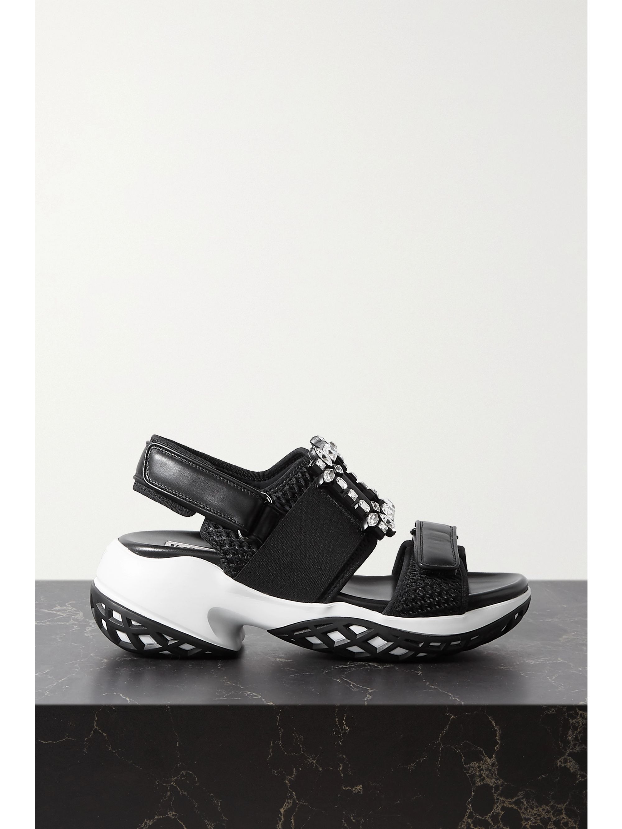 leather and mesh sandal with crystals