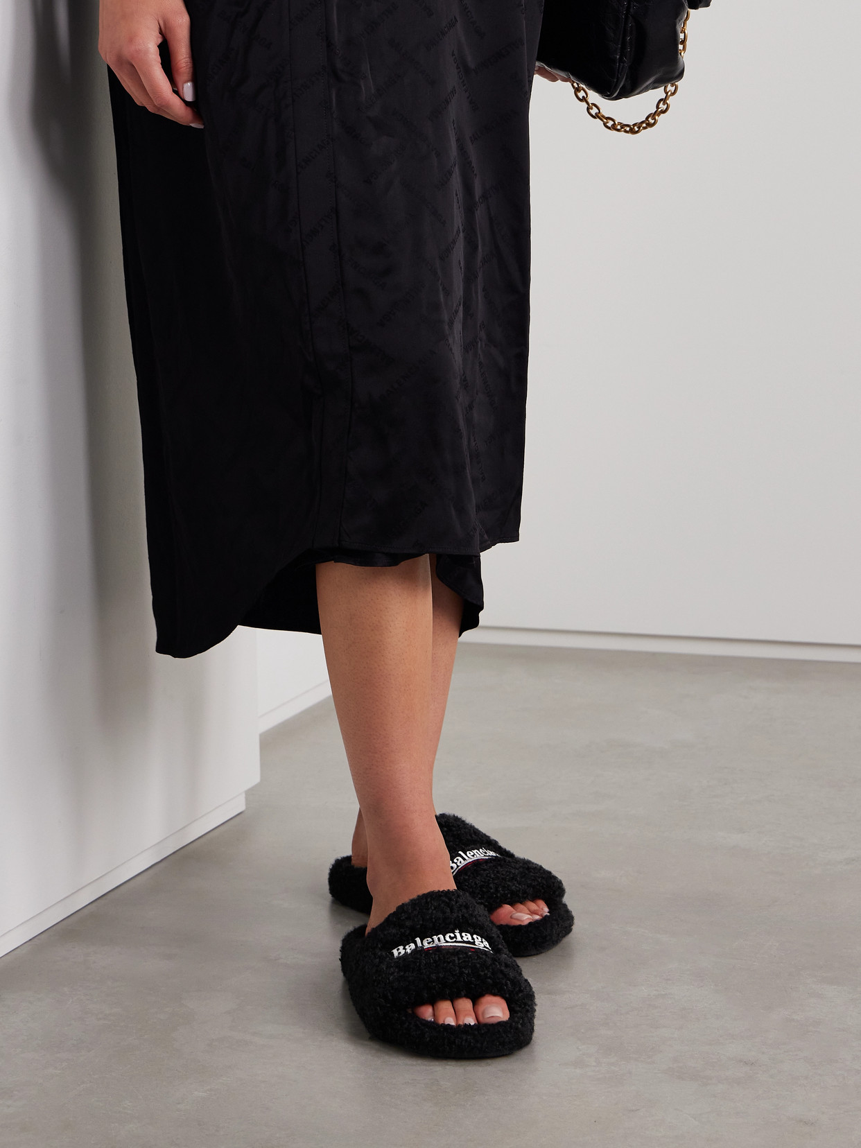 Furry Logo-Embroidered Faux Shearling Slides