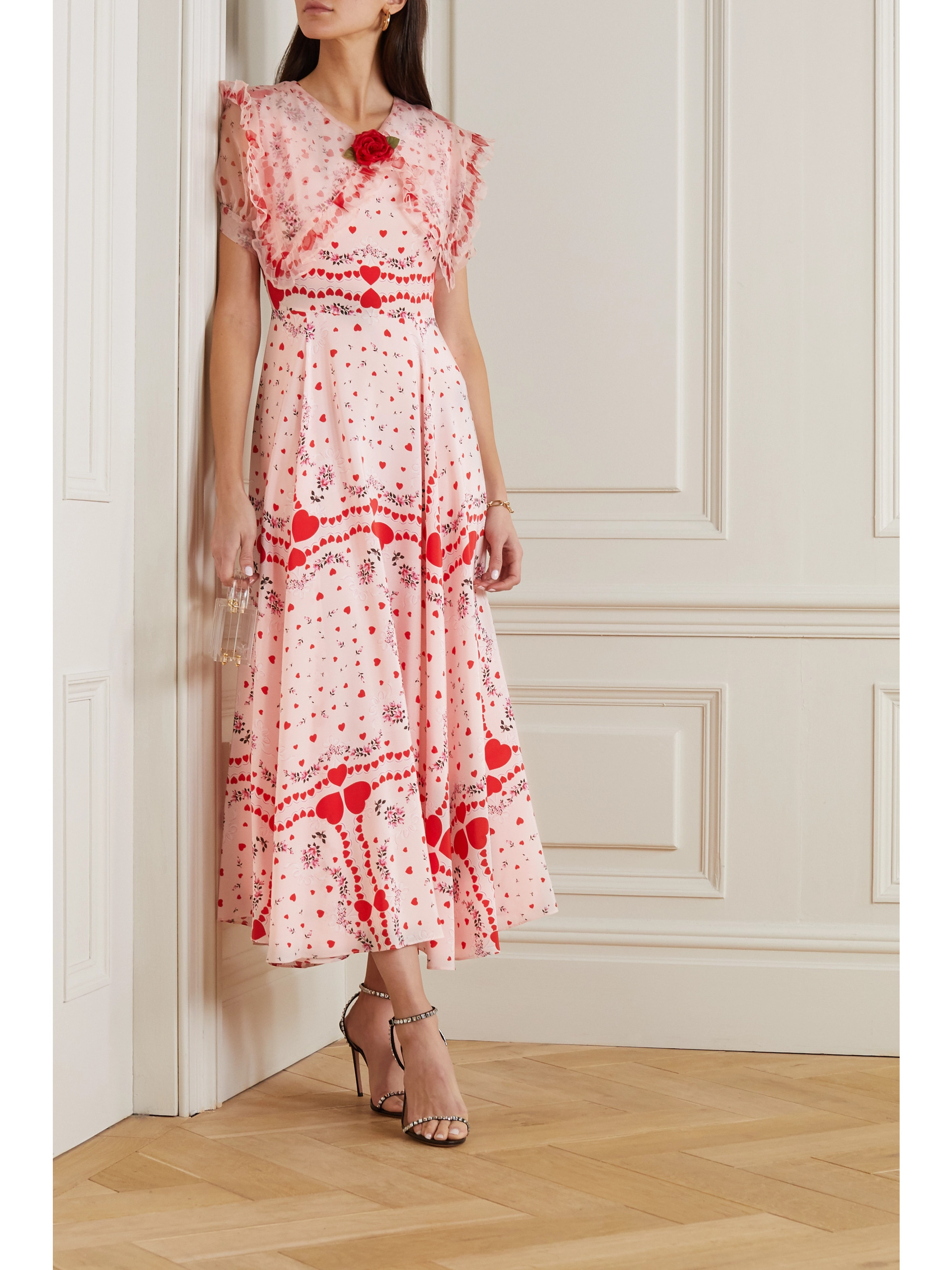 RODARTE Ruffled organza-trimmed printed silk crepe de chine dress