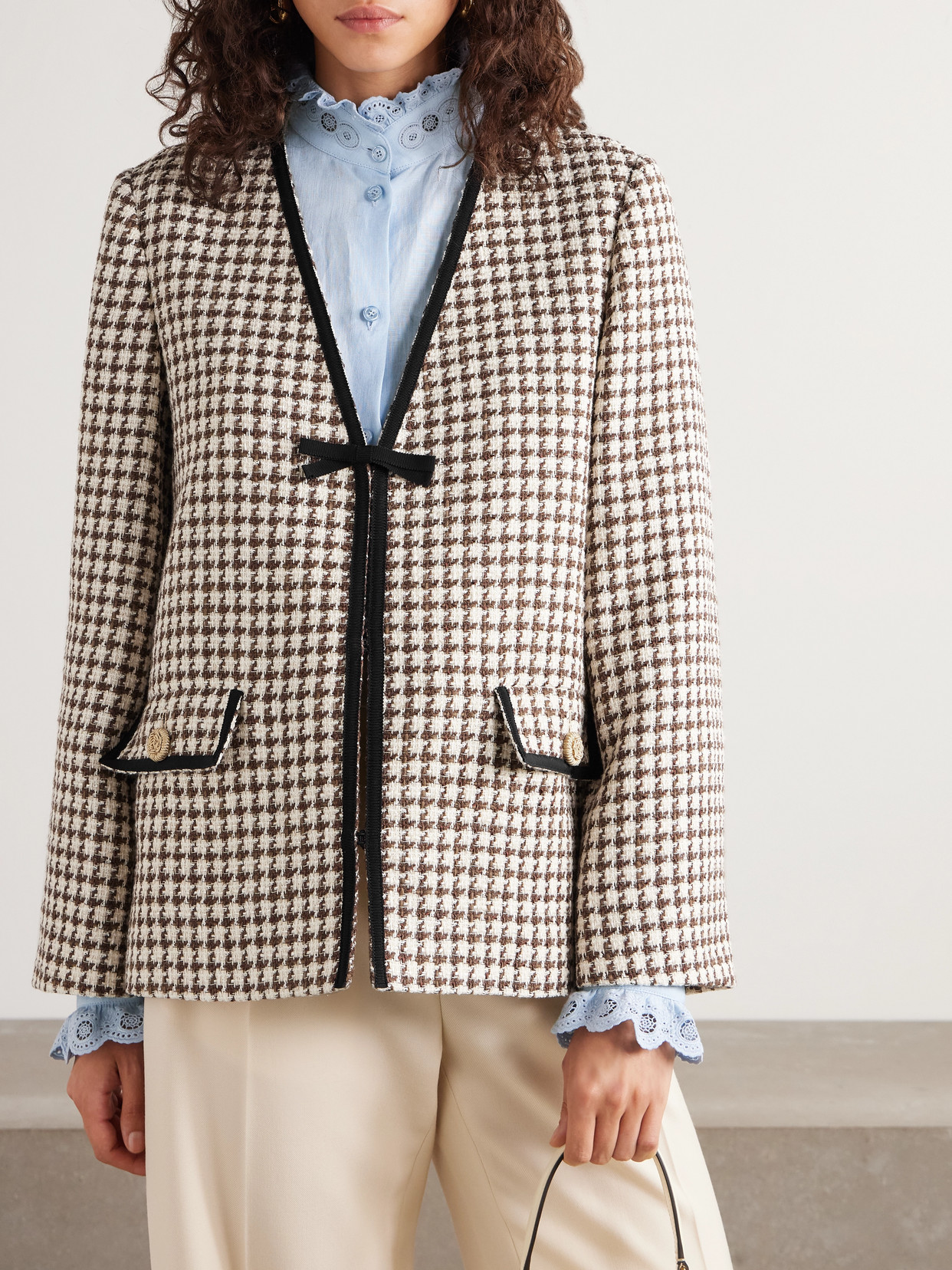 Garavani - Grosgrain-Trimmed Houndstooth Cotton-Blend Tweed Jacket