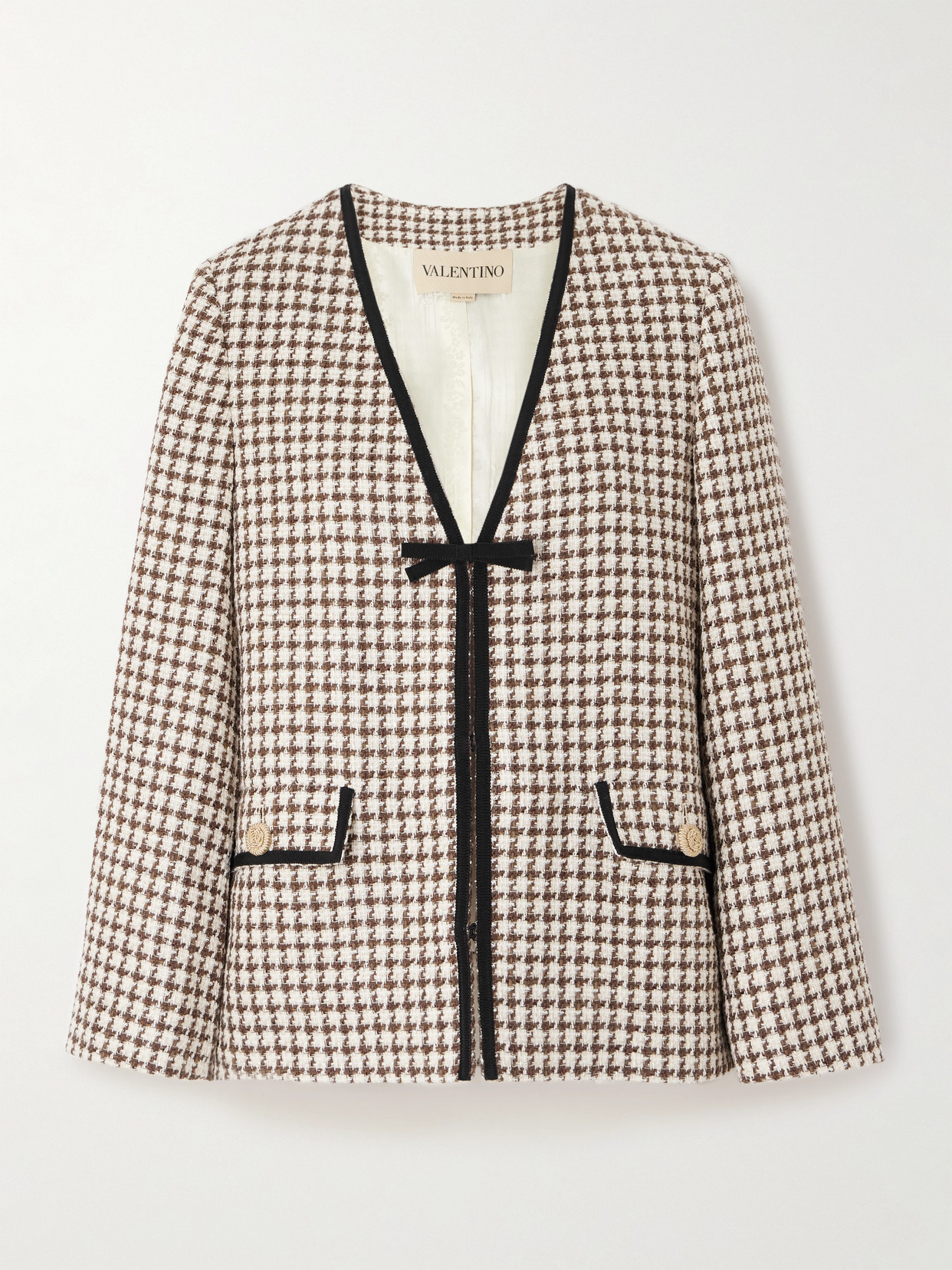 Garavani - Grosgrain-Trimmed Houndstooth Cotton-Blend Tweed Jacket