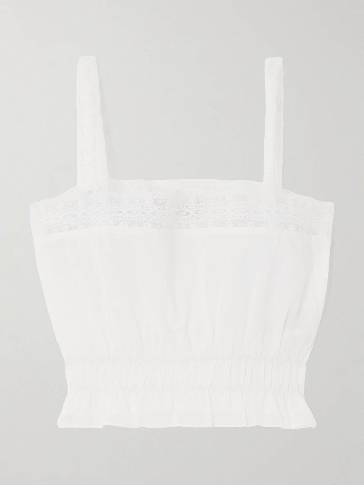 Camille Cropped Lace-Trimmed Shirred Cotton-Poplin Top