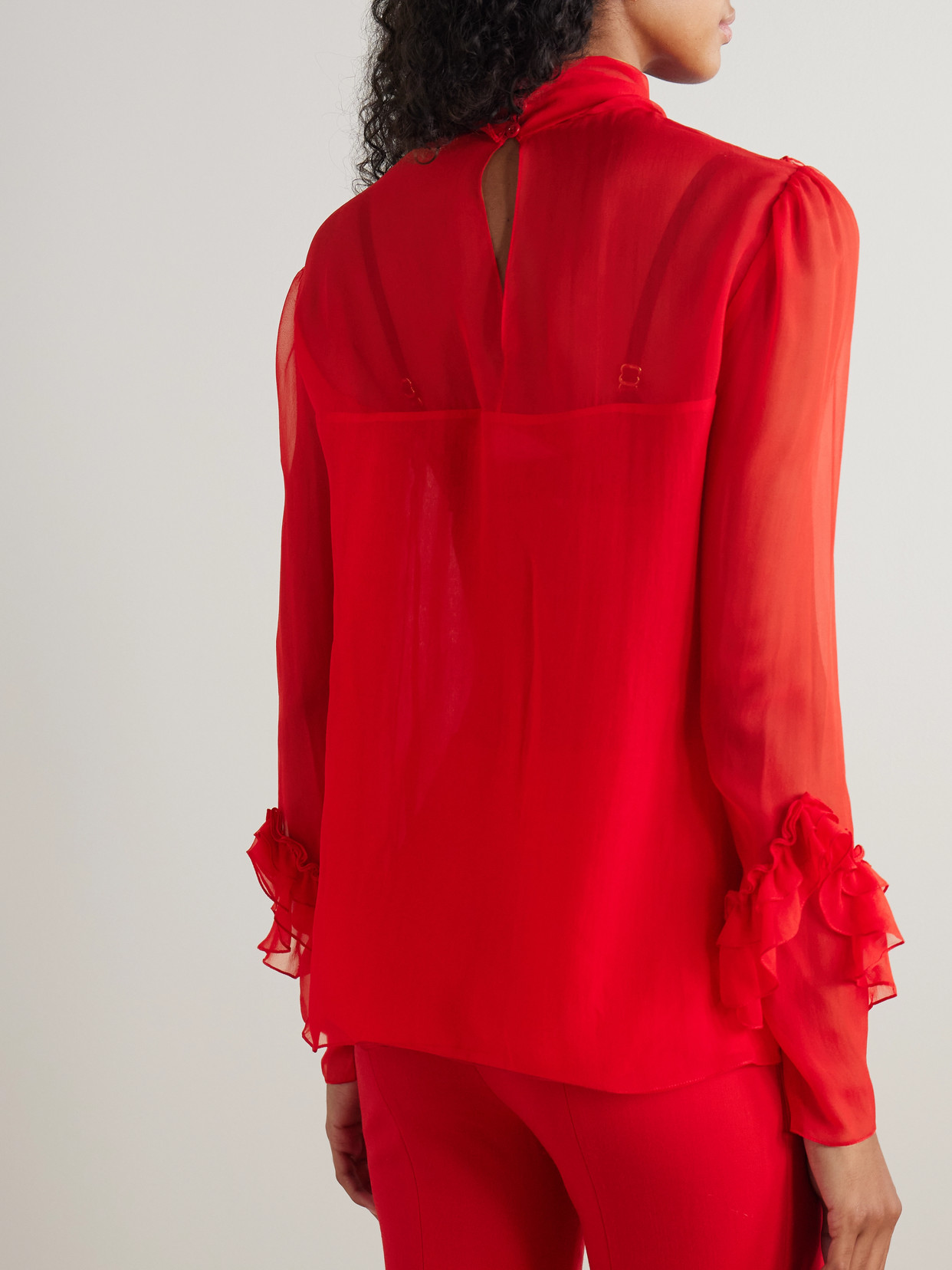 Tie-Neck Ruffled Silk-Chiffon Blouse