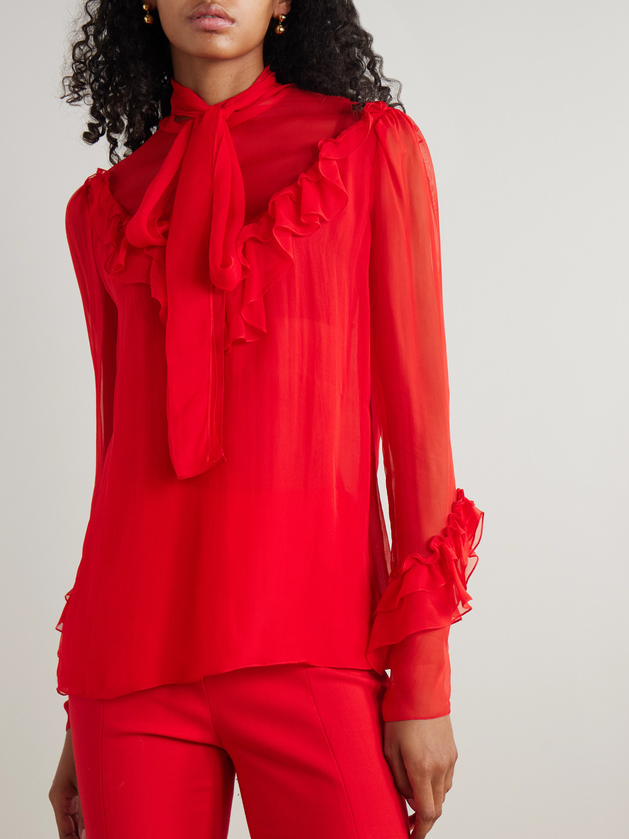 Tie-Neck Ruffled Silk-Chiffon Blouse