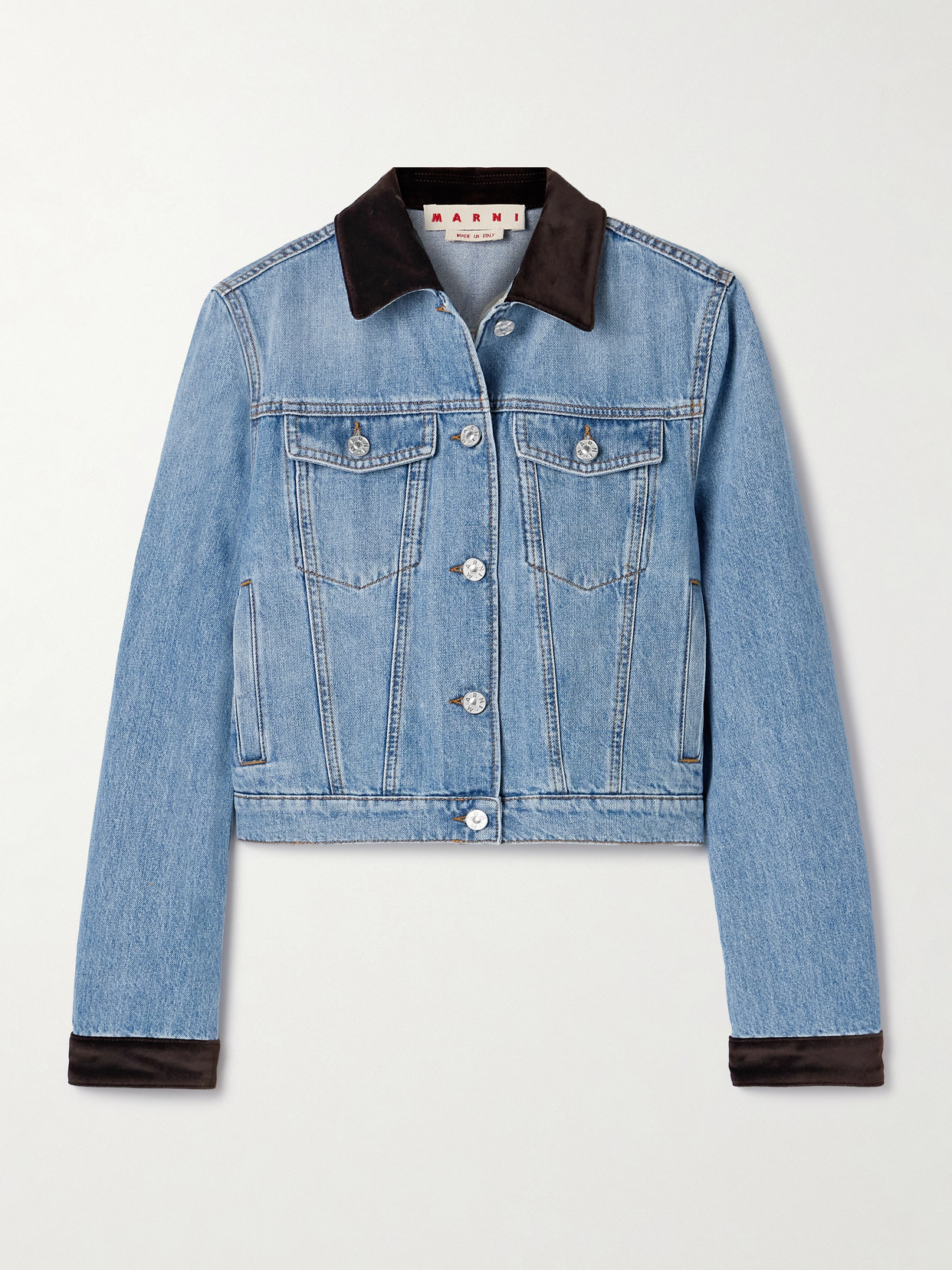 Cropped Velvet And Suede-Trimmed Denim Jacket