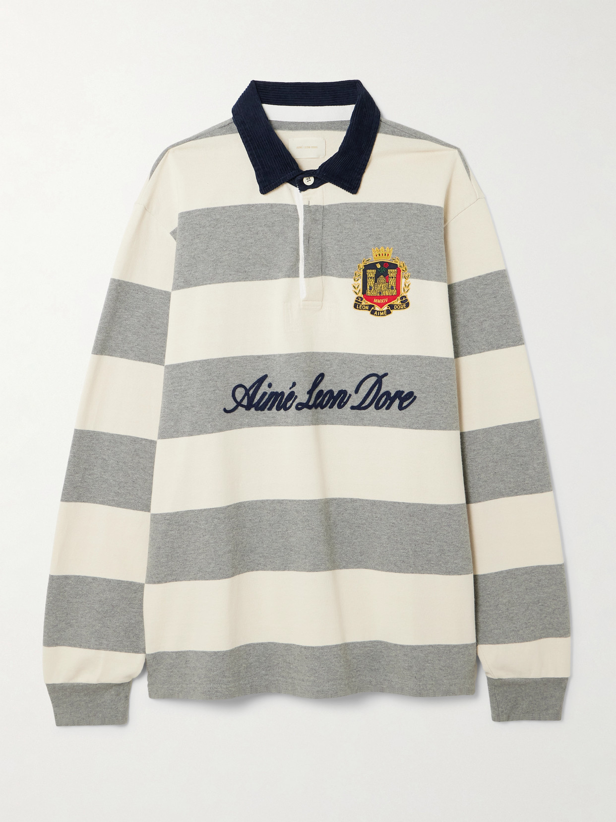 Aimé Leon Dore - Script Embroidered Printed Striped Corduroy-Trimmed Cotton Rugby Shirt