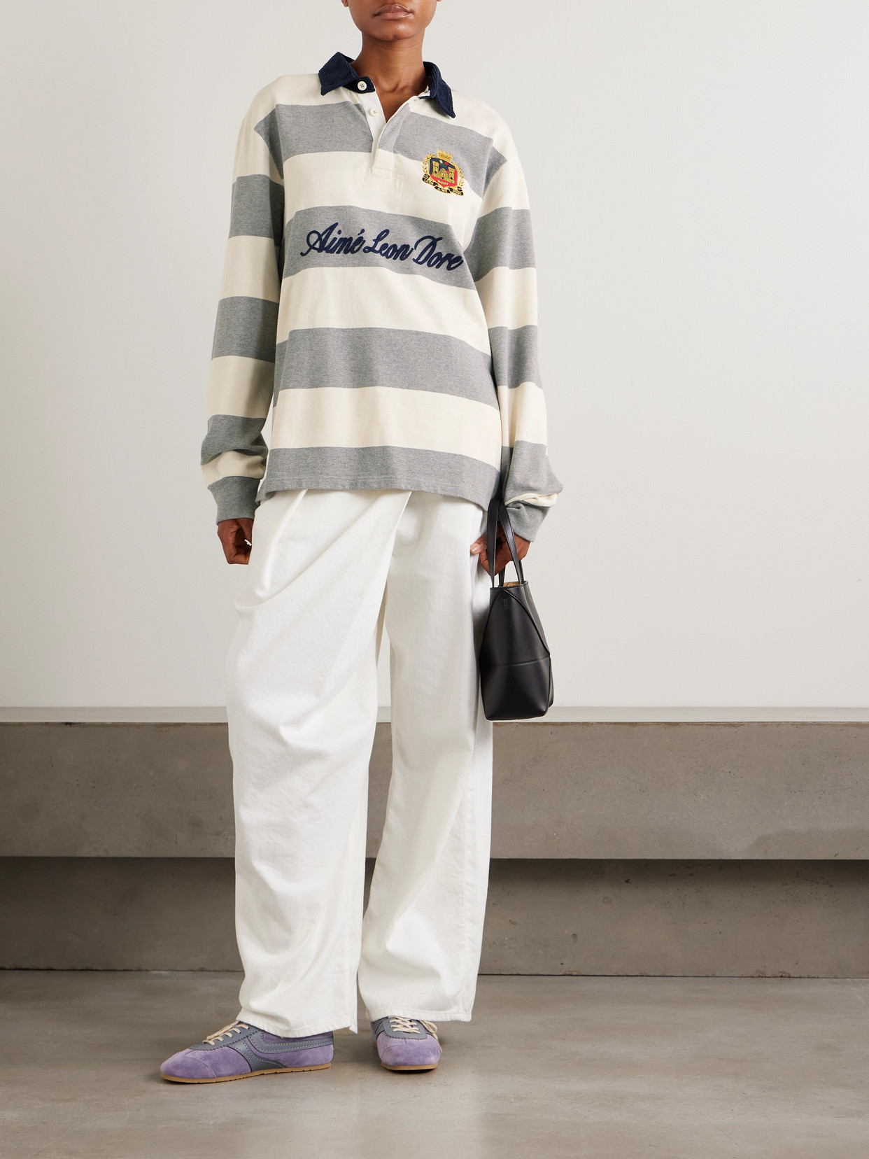 Aimé Leon Dore - Script Embroidered Printed Striped Corduroy-Trimmed Cotton Rugby Shirt