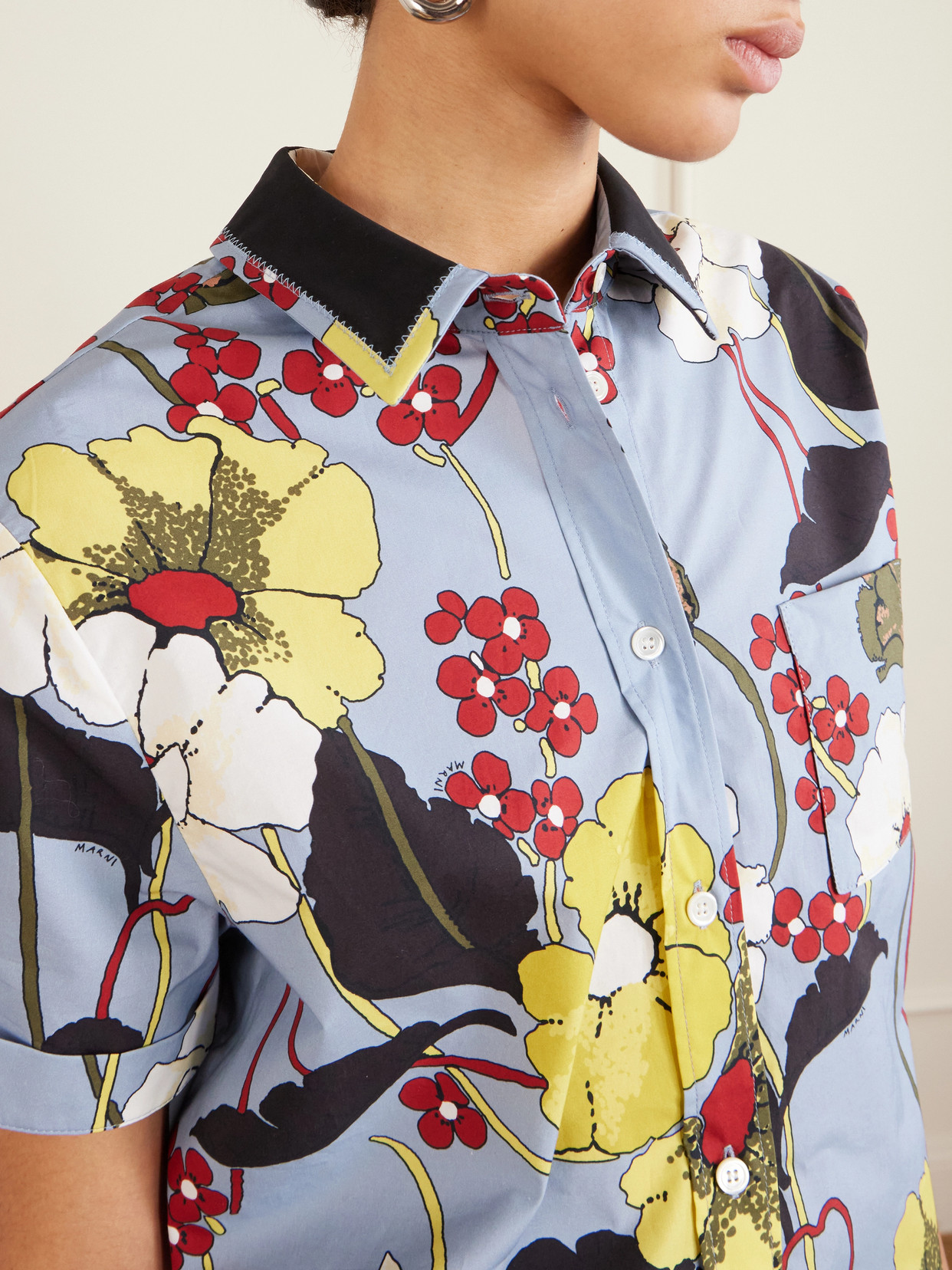 Cropped Floral-Print Cotton-Poplin Shirt