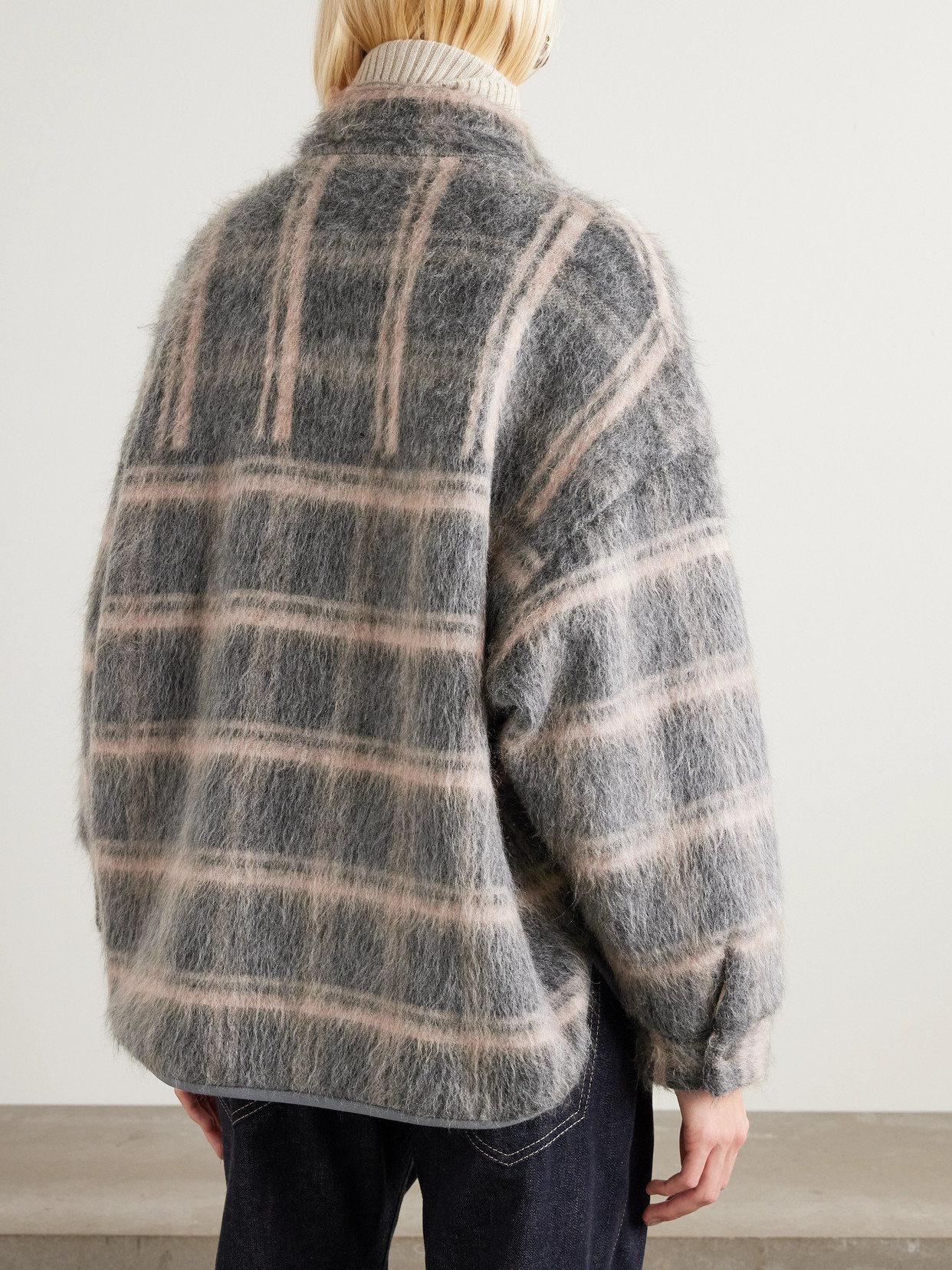 Bead-Embellished Padded Checked Brushed Jacket