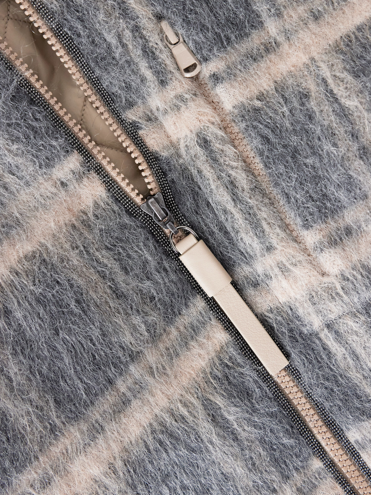 Bead-Embellished Padded Checked Brushed Jacket
