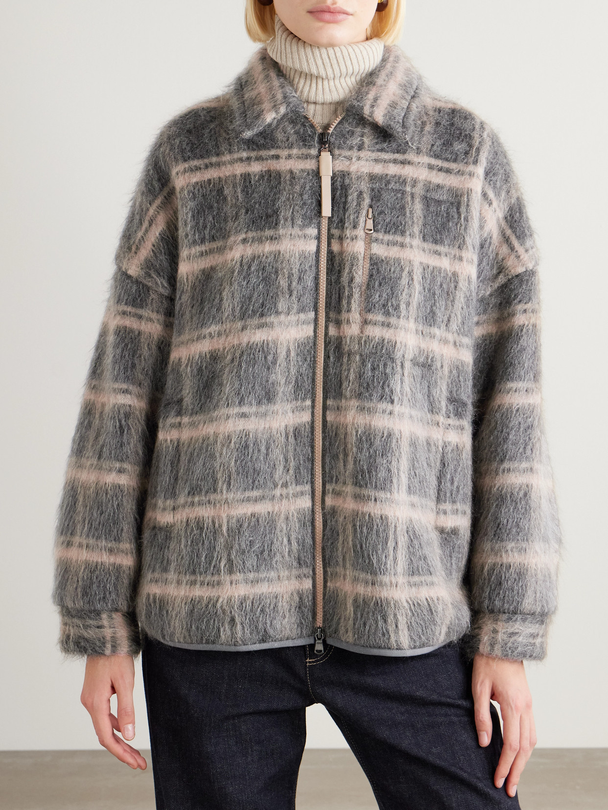 Bead-Embellished Padded Checked Brushed Jacket