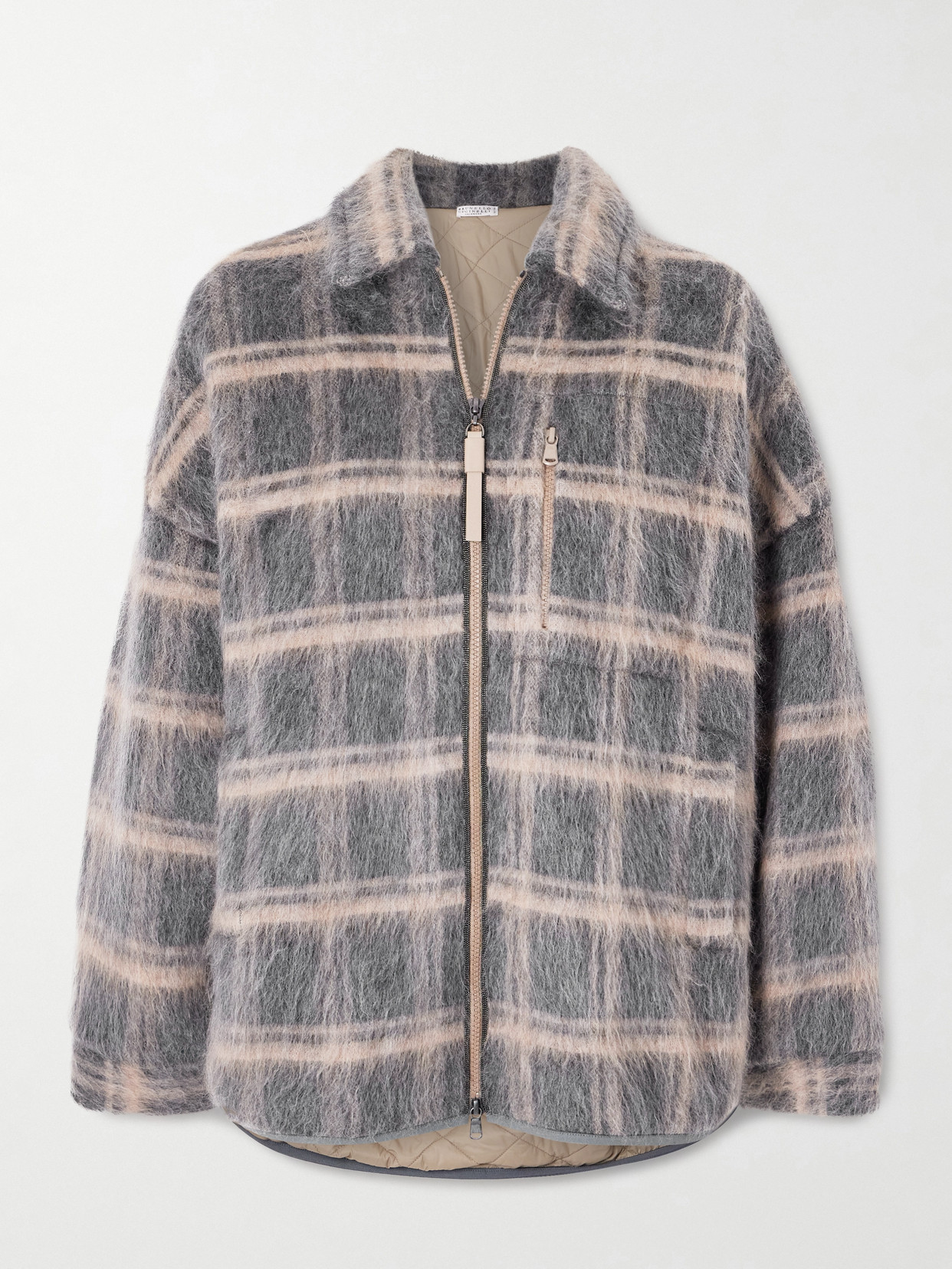 Bead-Embellished Padded Checked Brushed Jacket