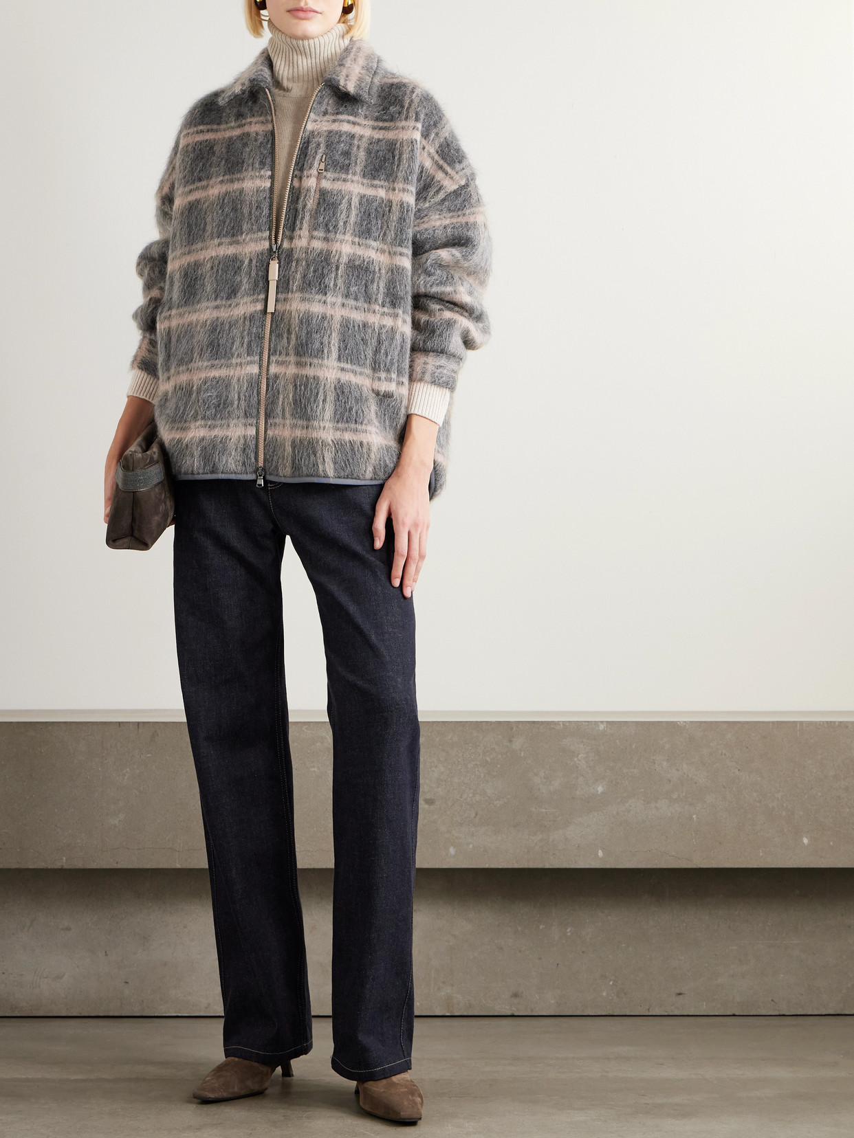 Bead-Embellished Padded Checked Brushed Jacket