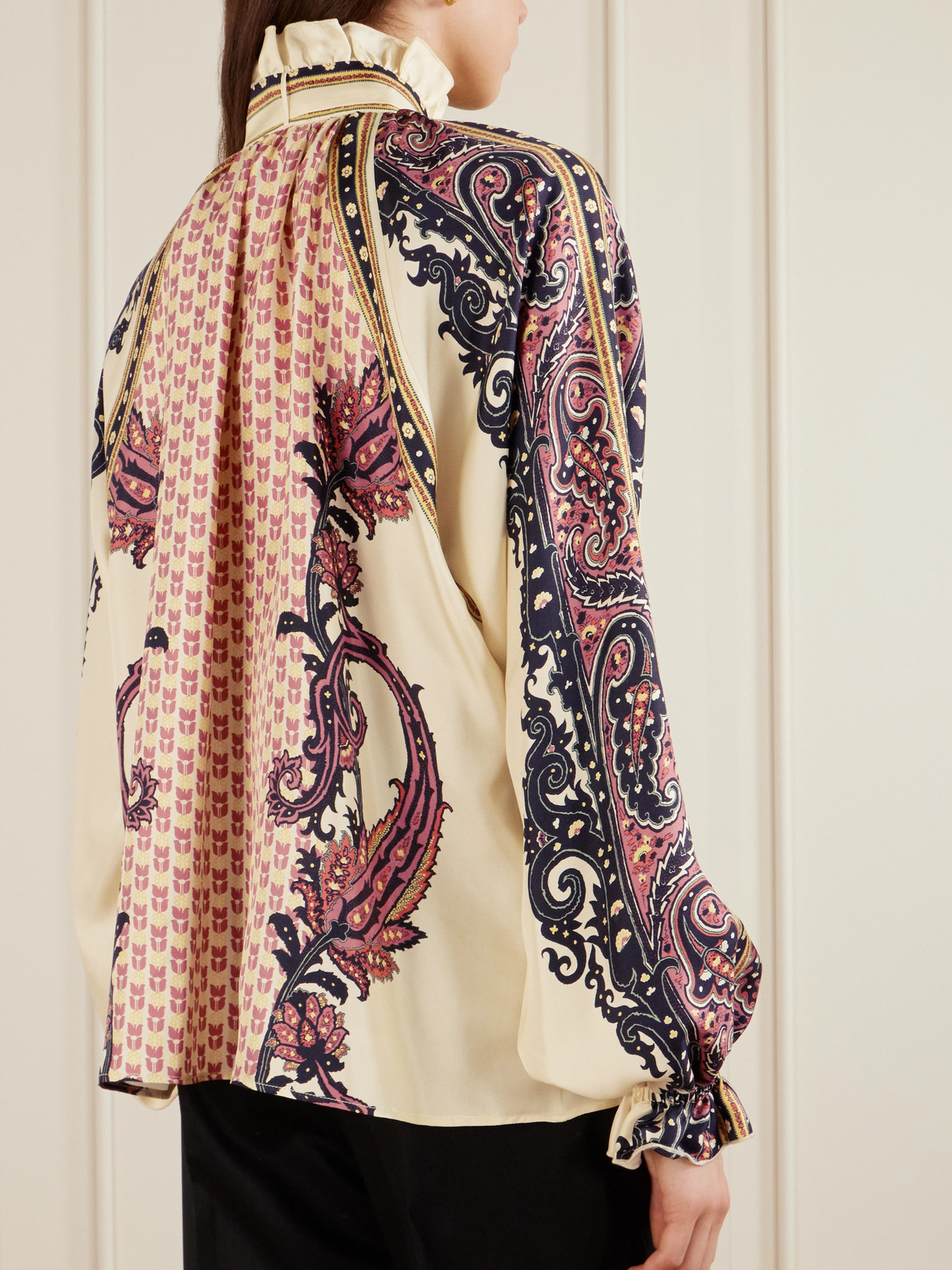 Pussy-Bow Ruffled Printed Silk-Twill Blouse