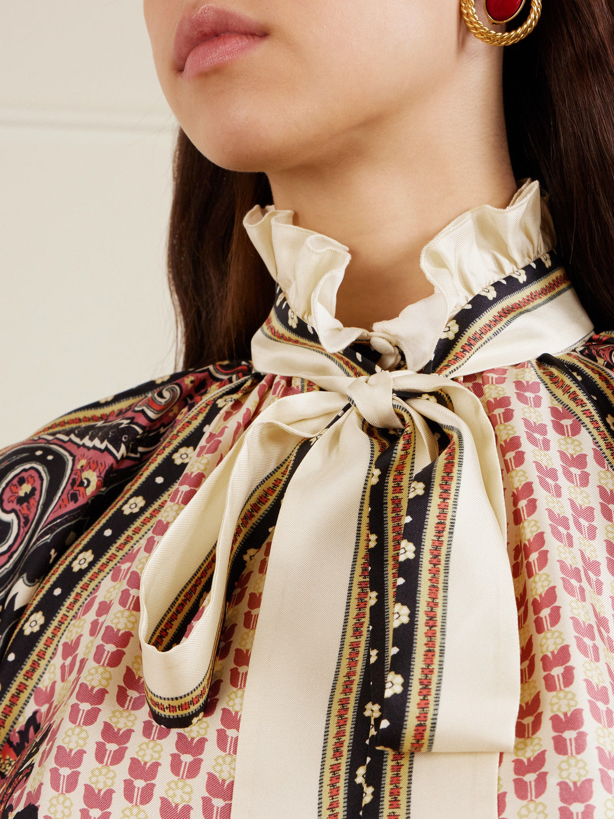 Pussy-Bow Ruffled Printed Silk-Twill Blouse