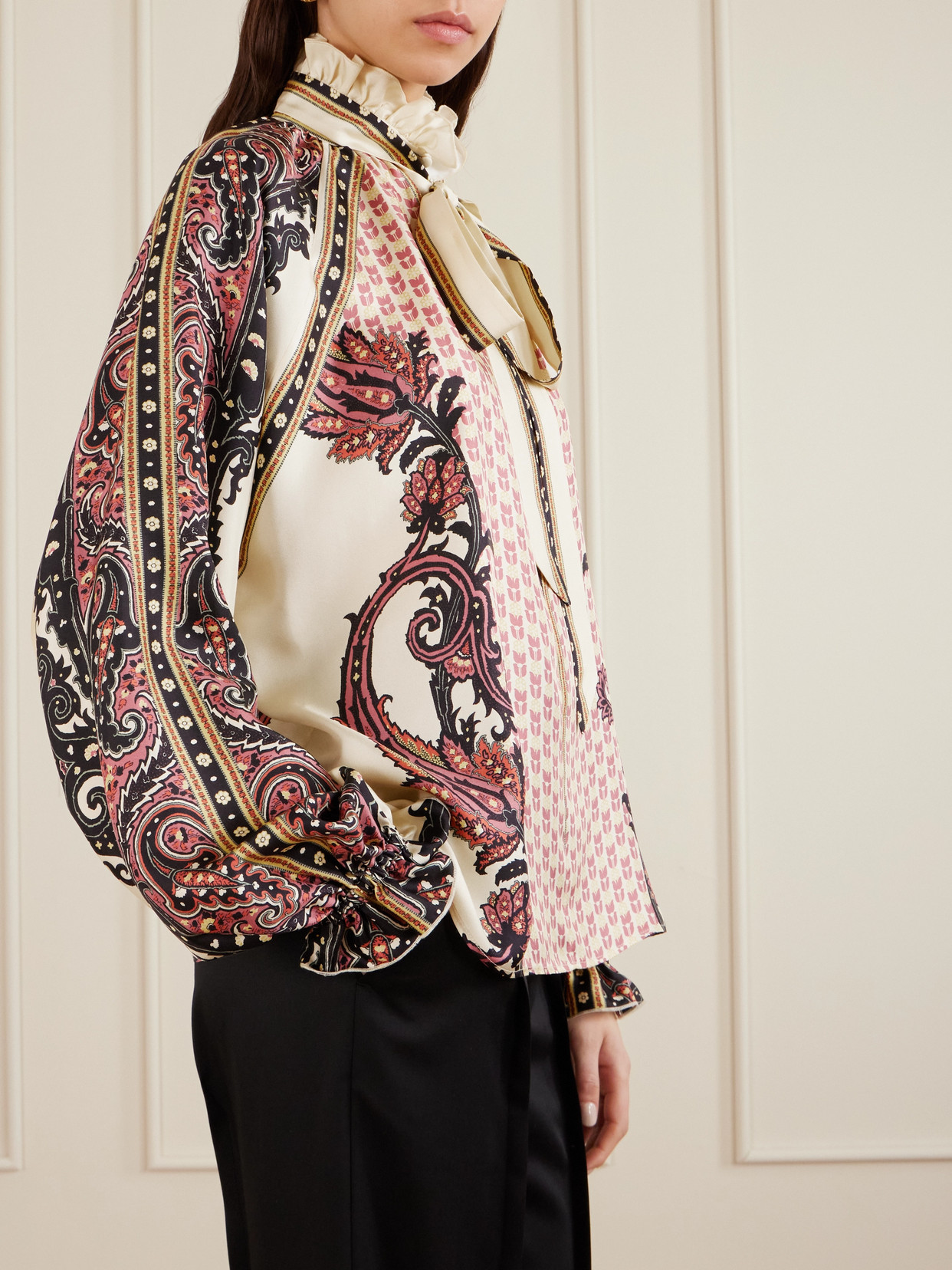Pussy-Bow Ruffled Printed Silk-Twill Blouse