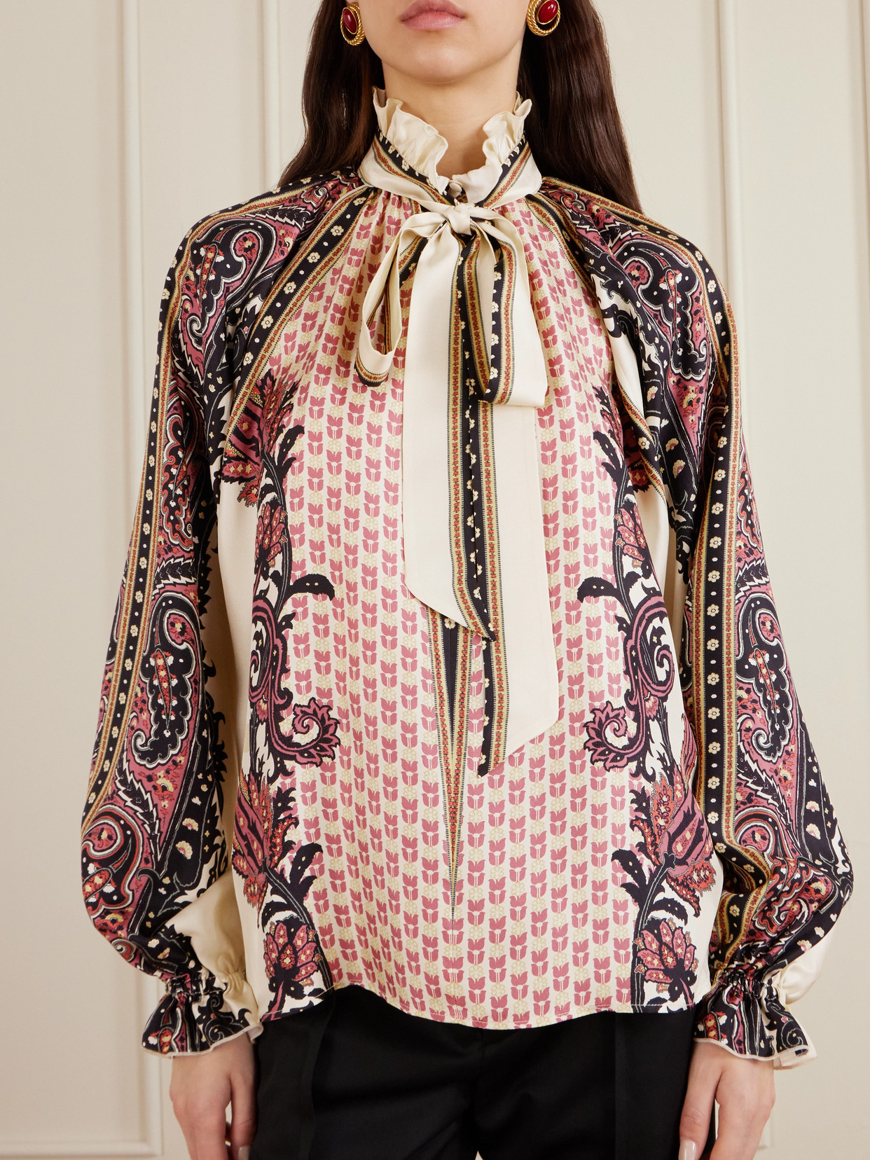 Pussy-Bow Ruffled Printed Silk-Twill Blouse