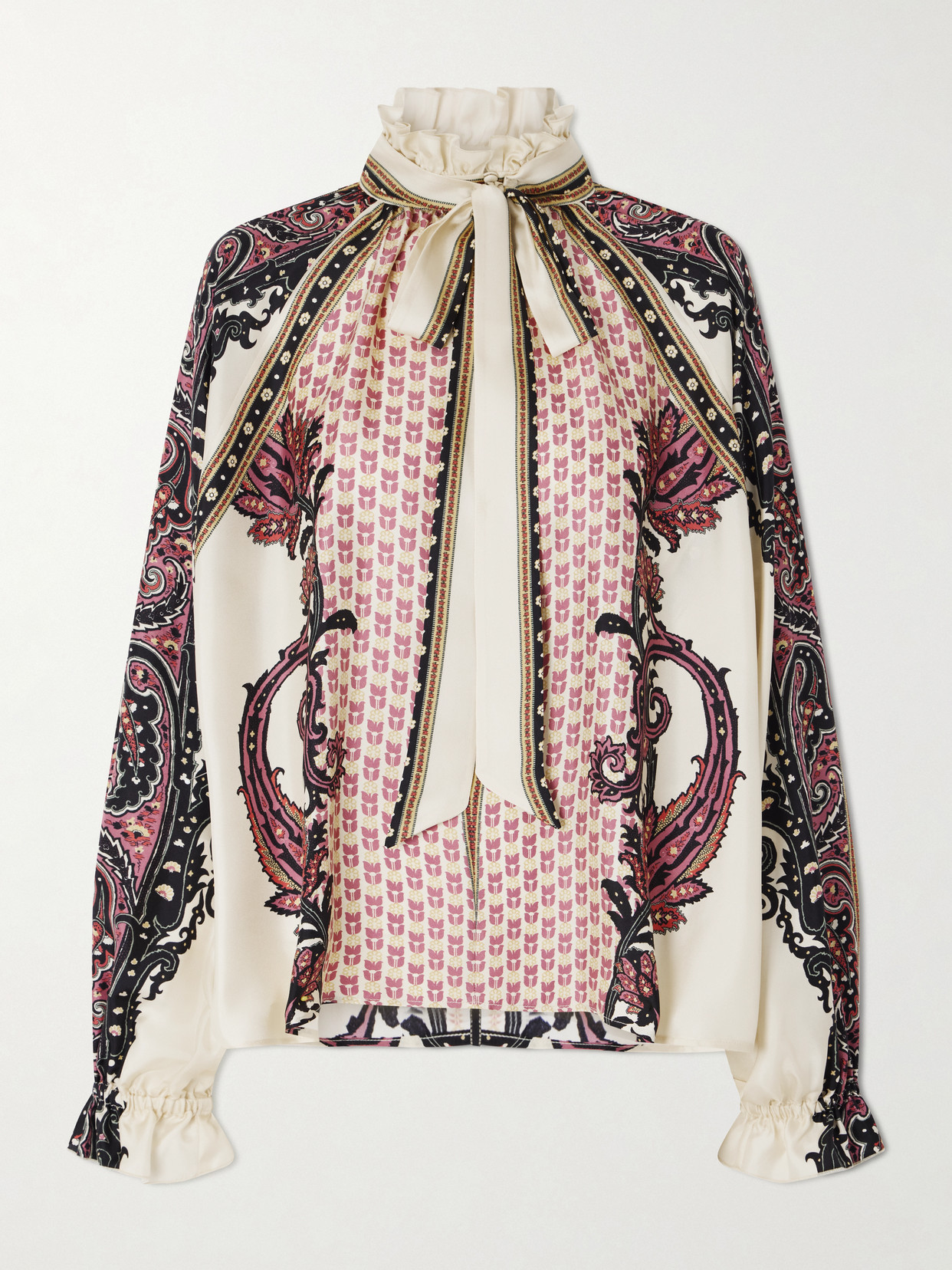 Pussy-Bow Ruffled Printed Silk-Twill Blouse