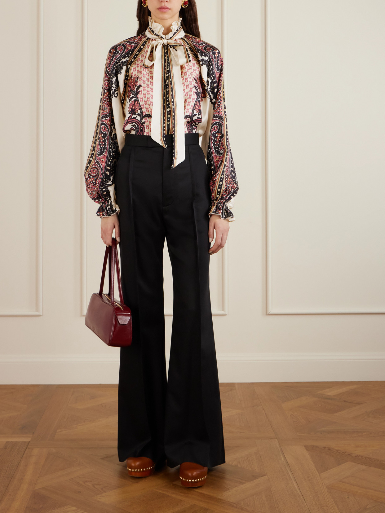 Pussy-Bow Ruffled Printed Silk-Twill Blouse