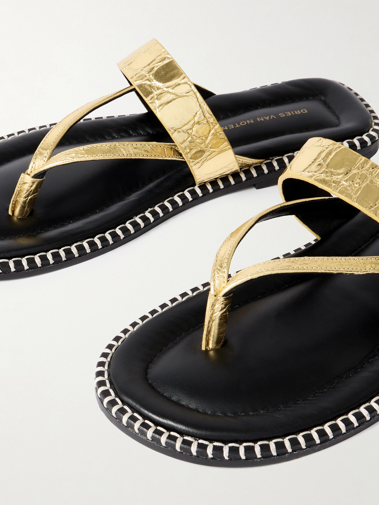 Whipstitched Metallic Croc-Effect Sandals