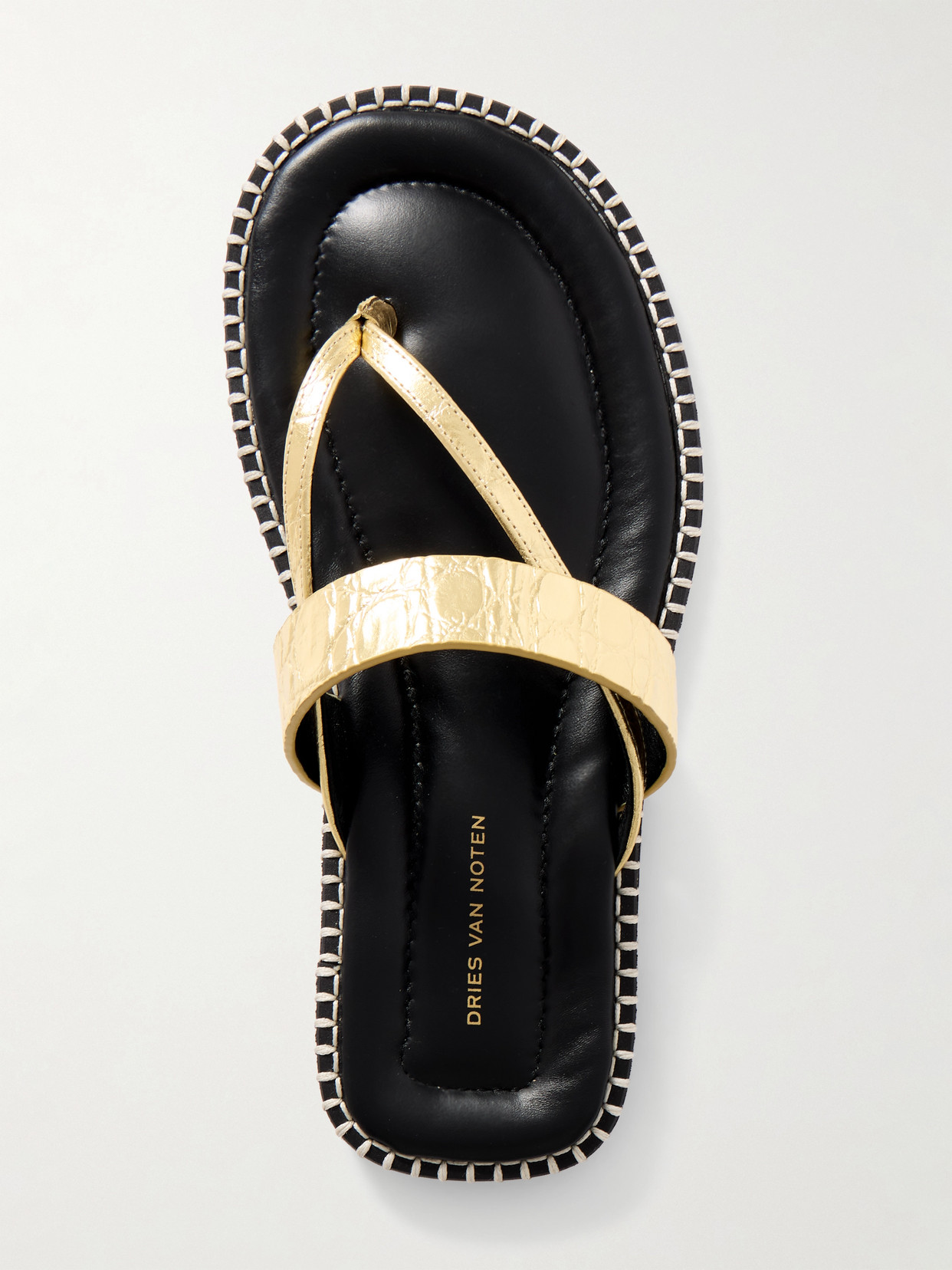 Whipstitched Metallic Croc-Effect Sandals