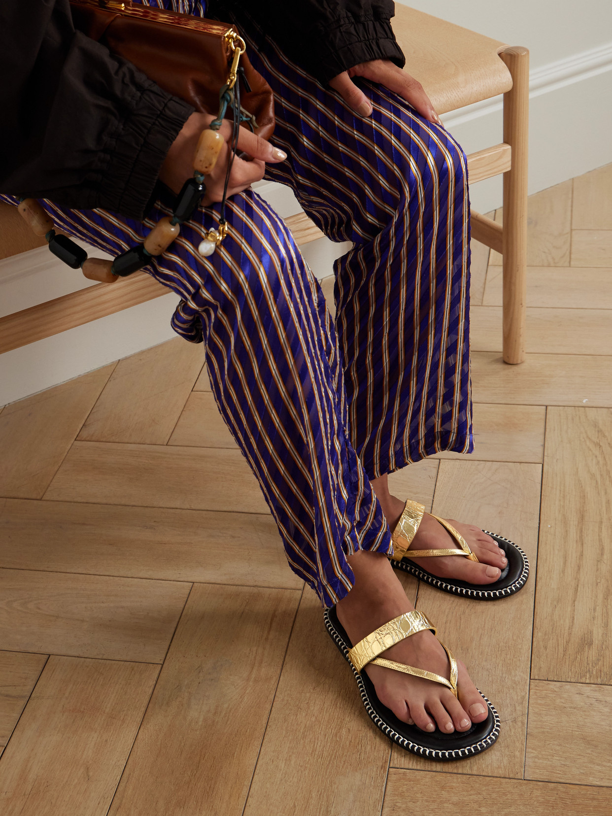 Whipstitched Metallic Croc-Effect Sandals