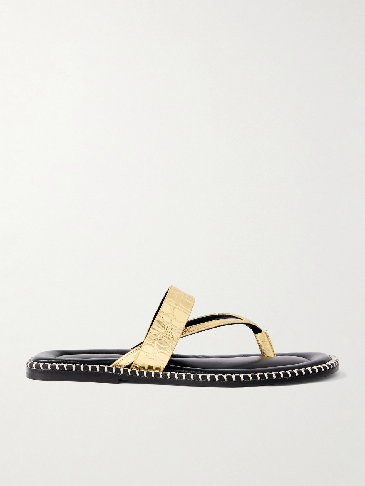 Whipstitched Metallic Croc-Effect Sandals