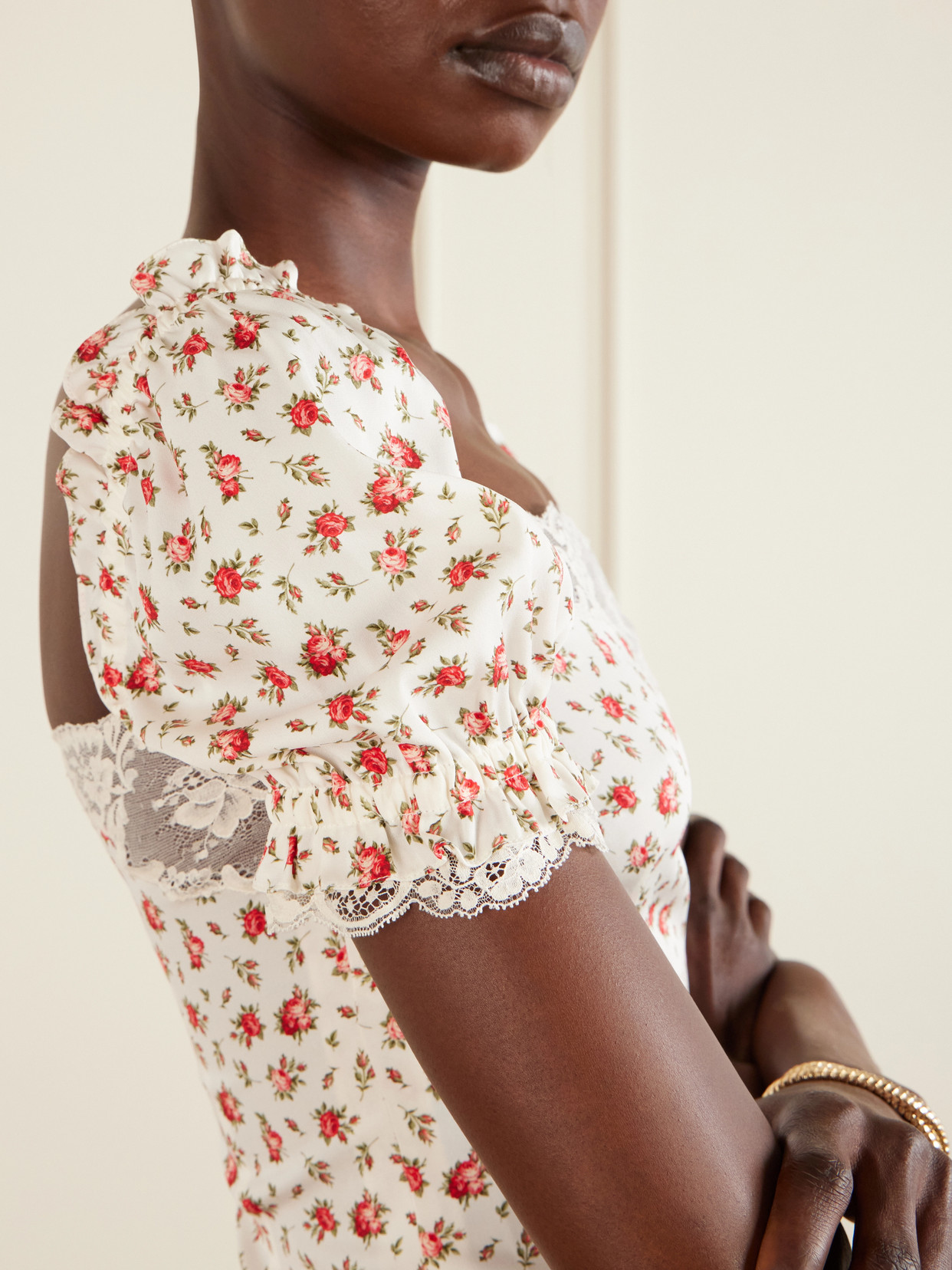 Floral-Print Lace-Trimmed Silk-Blend Blouse