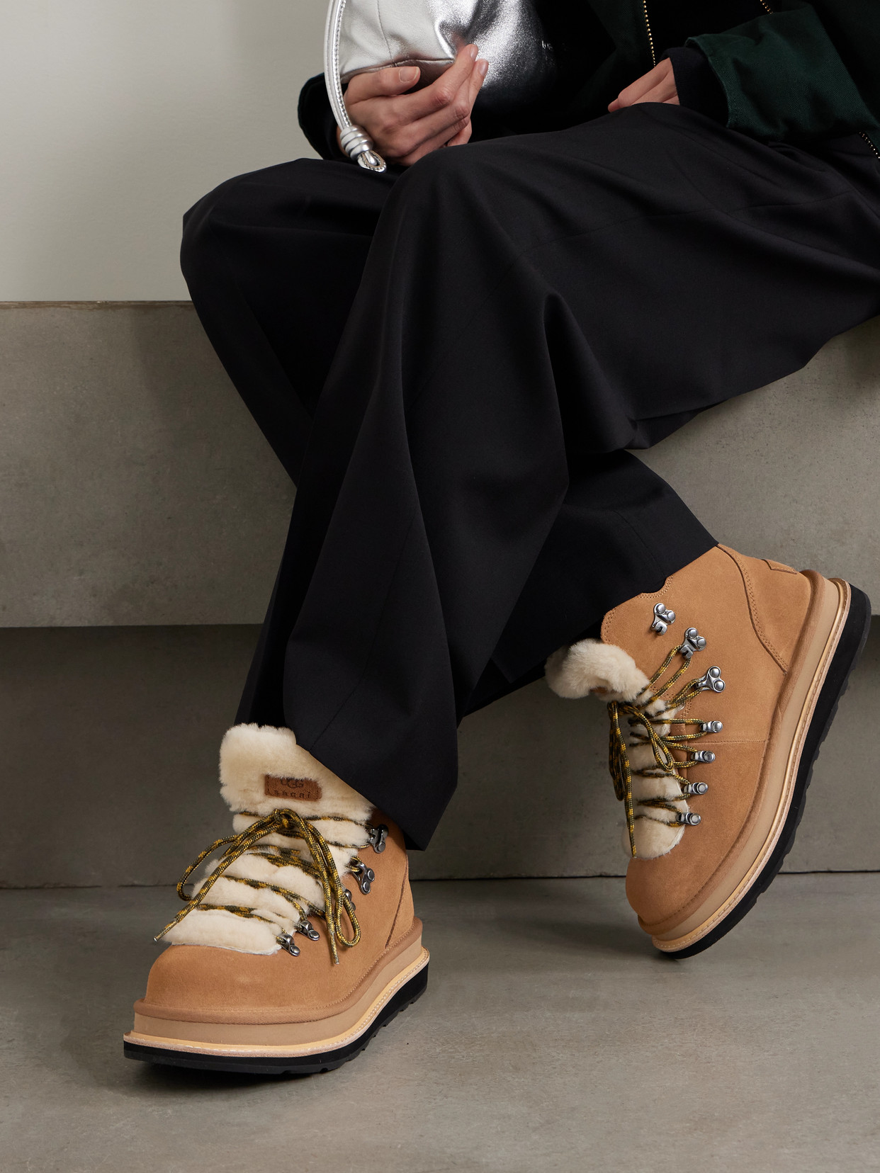 + Sacai Leather-Trimmed Shearling Ankle Boots