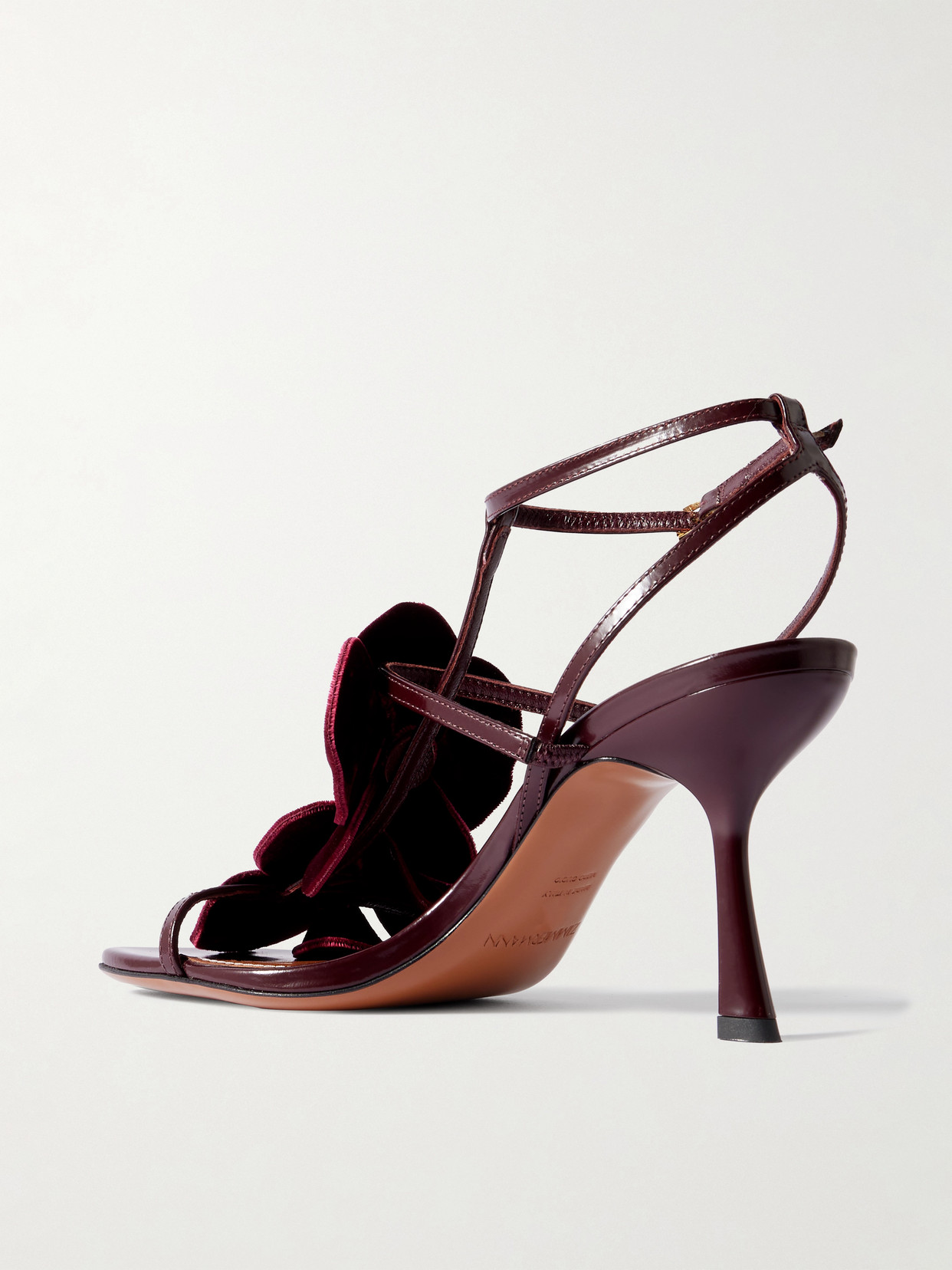Orchid Appliquéd Velvet-Trimmed Glossed-Leather Sandals