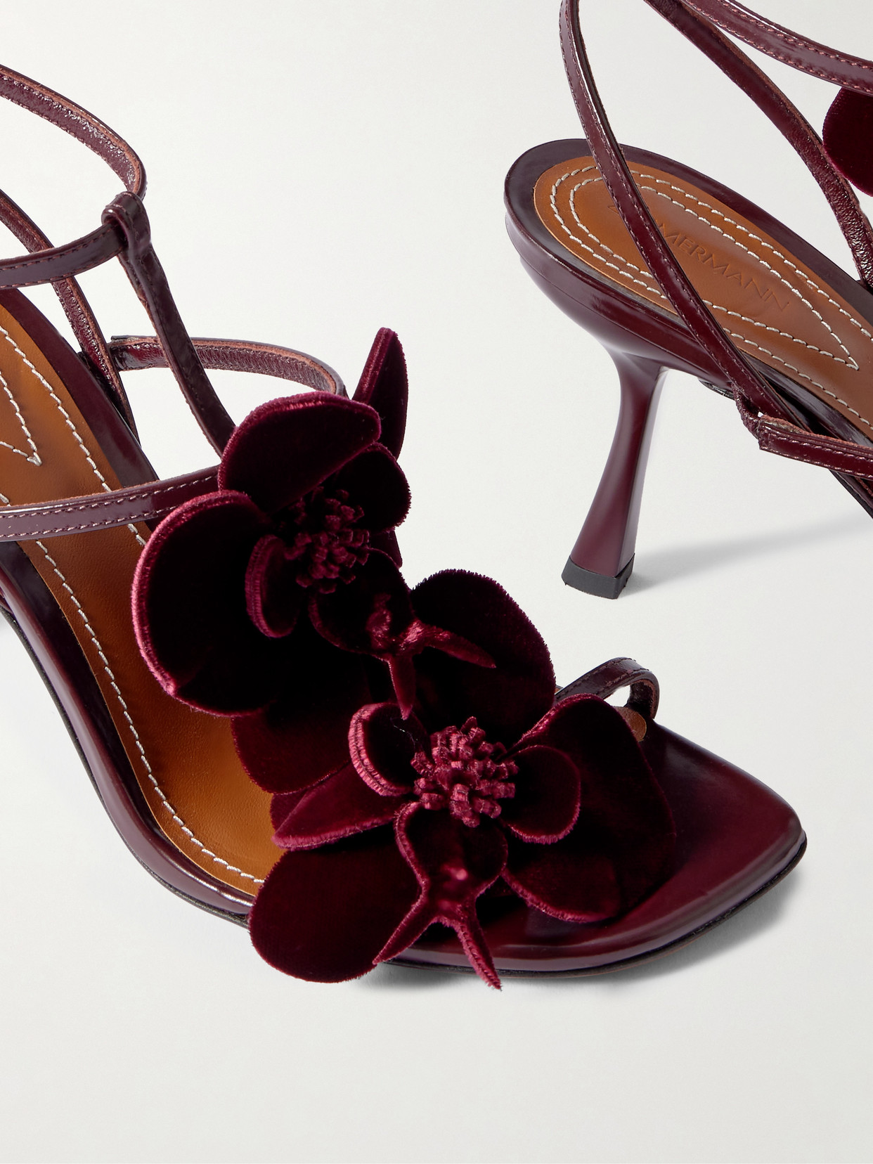 Orchid Appliquéd Velvet-Trimmed Glossed-Leather Sandals