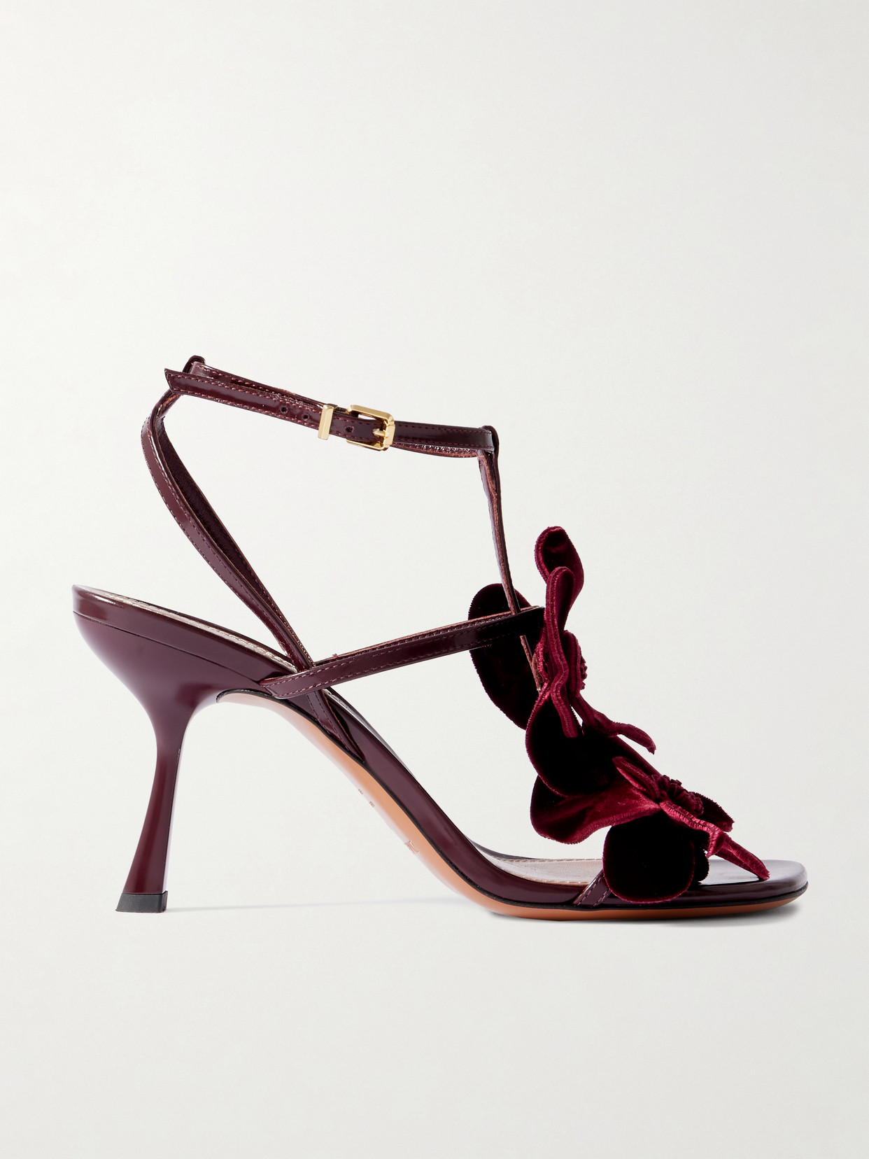 Orchid Appliquéd Velvet-Trimmed Glossed-Leather Sandals